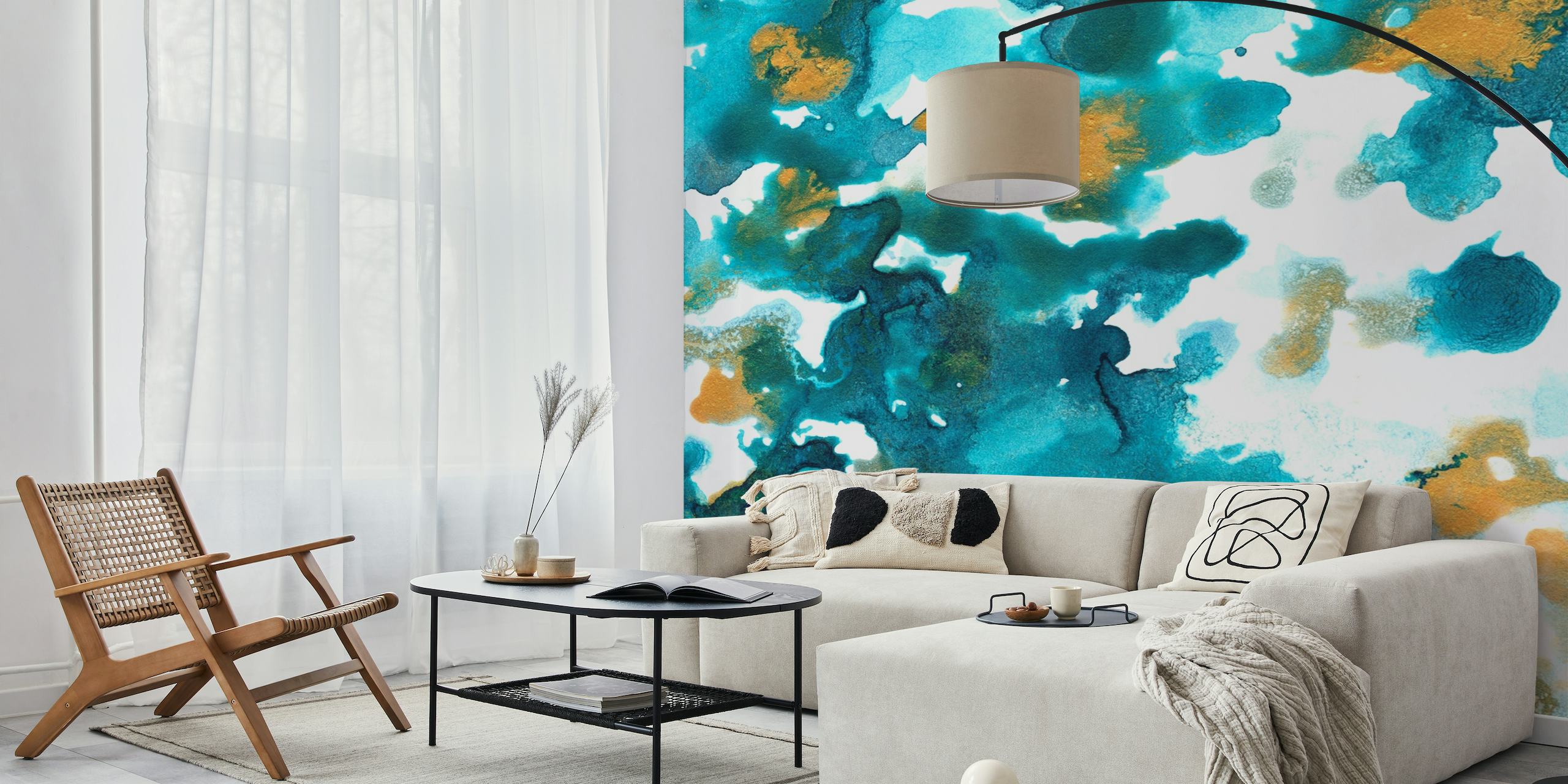 Abstract aqua, teal, and gold wall mural, features fluid art design