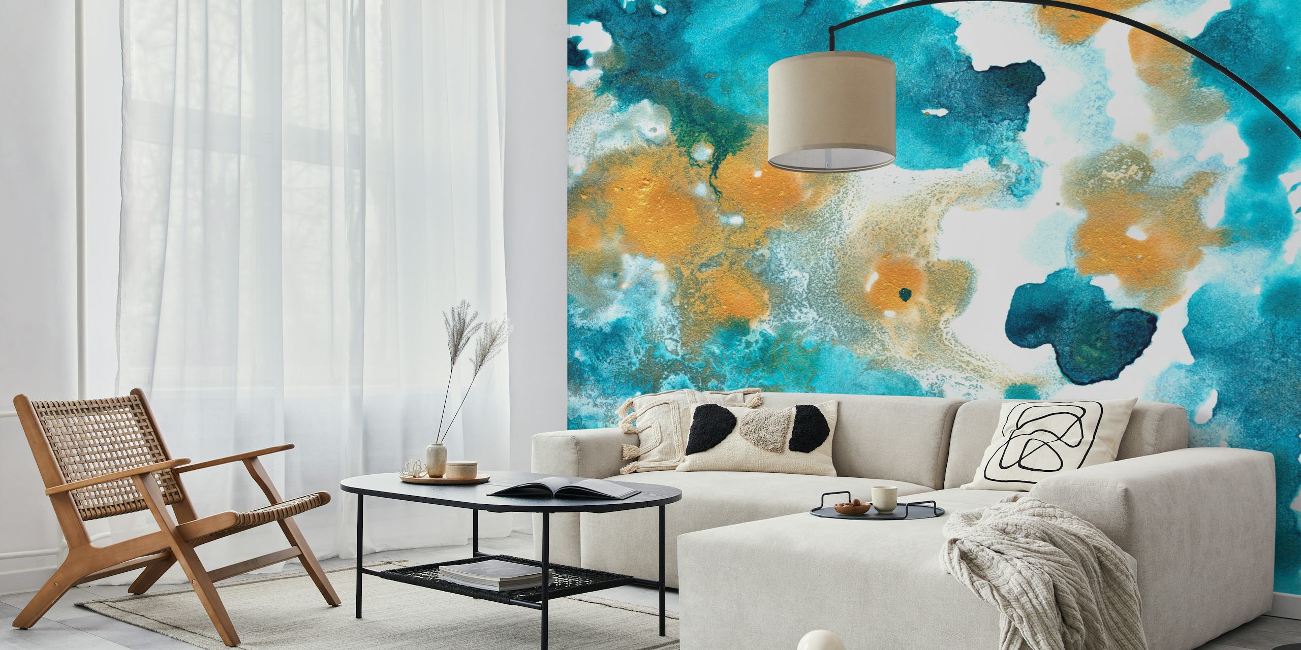 Aqua teal and gold abstract wall mural artwork
