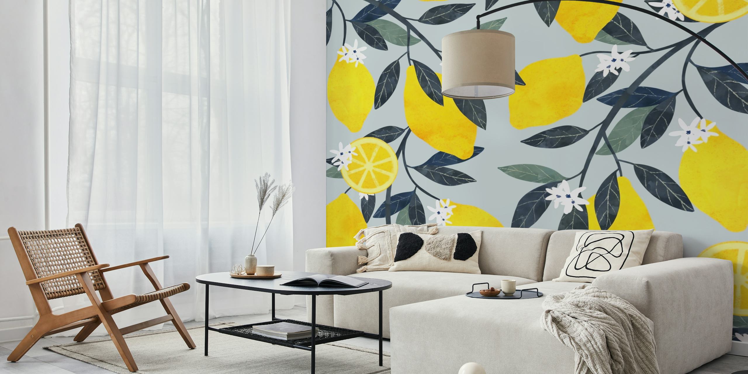 Lemon pattern with green leaves and white flowers wallpaper