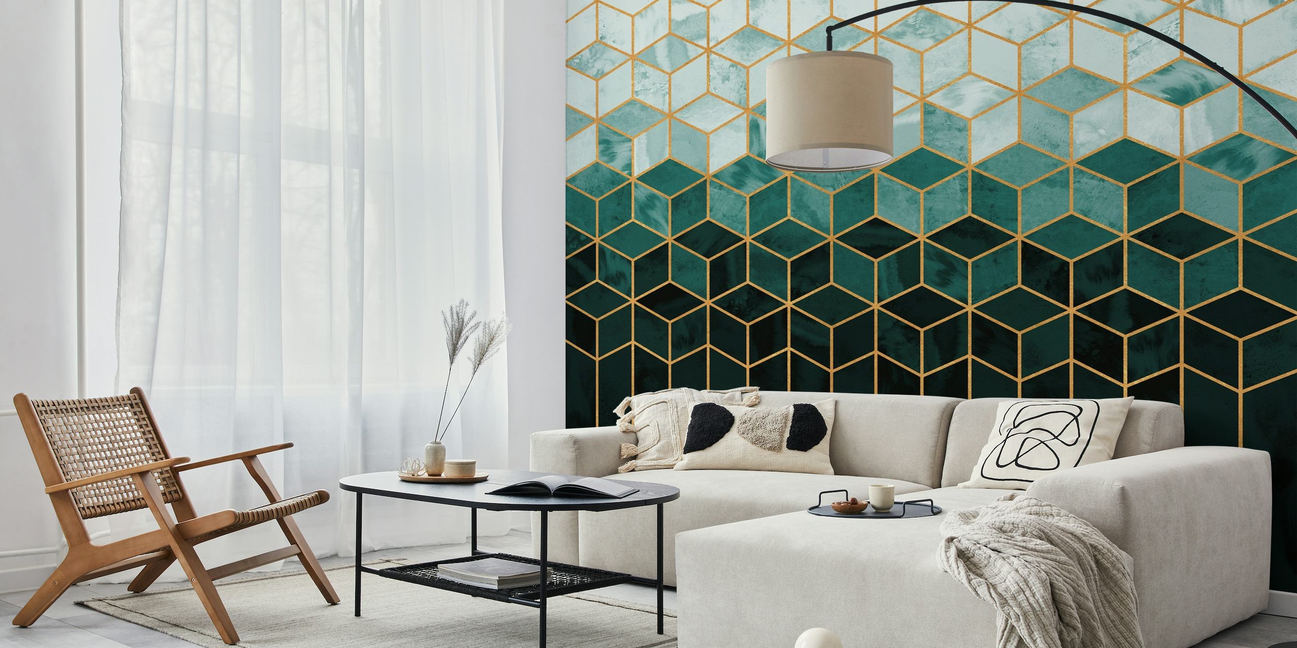 Zidna slika s uzorkom plavozelene i zlatne geometrijske kocke