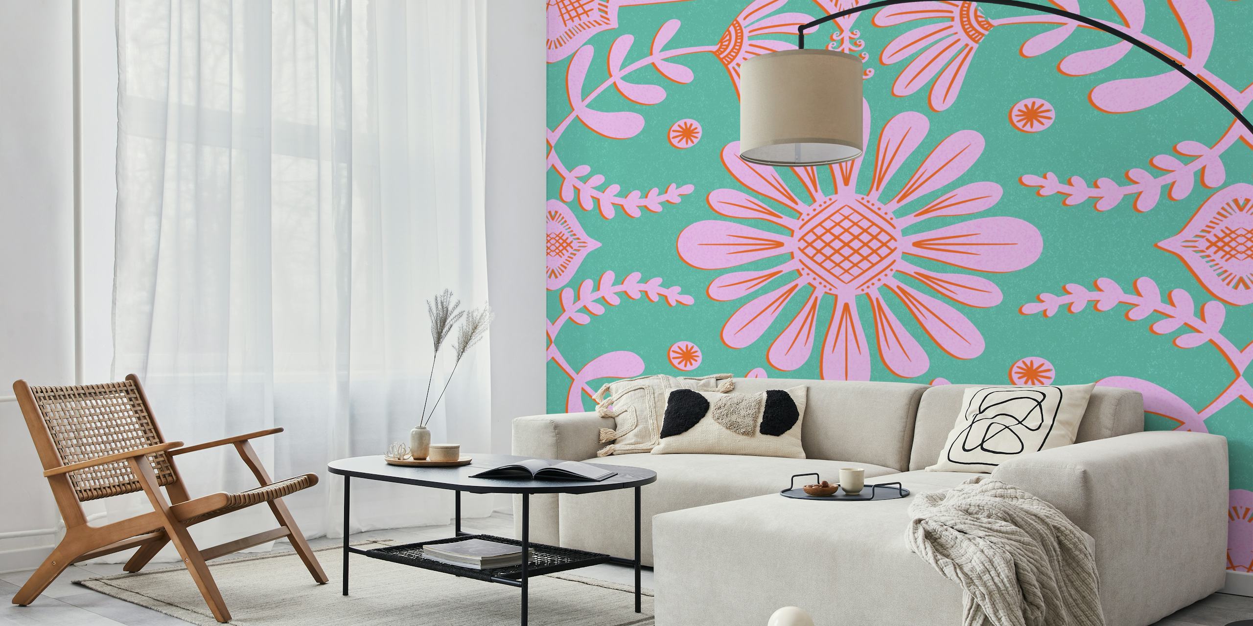 Boho floral geometric pattern in pink and green wallpaper