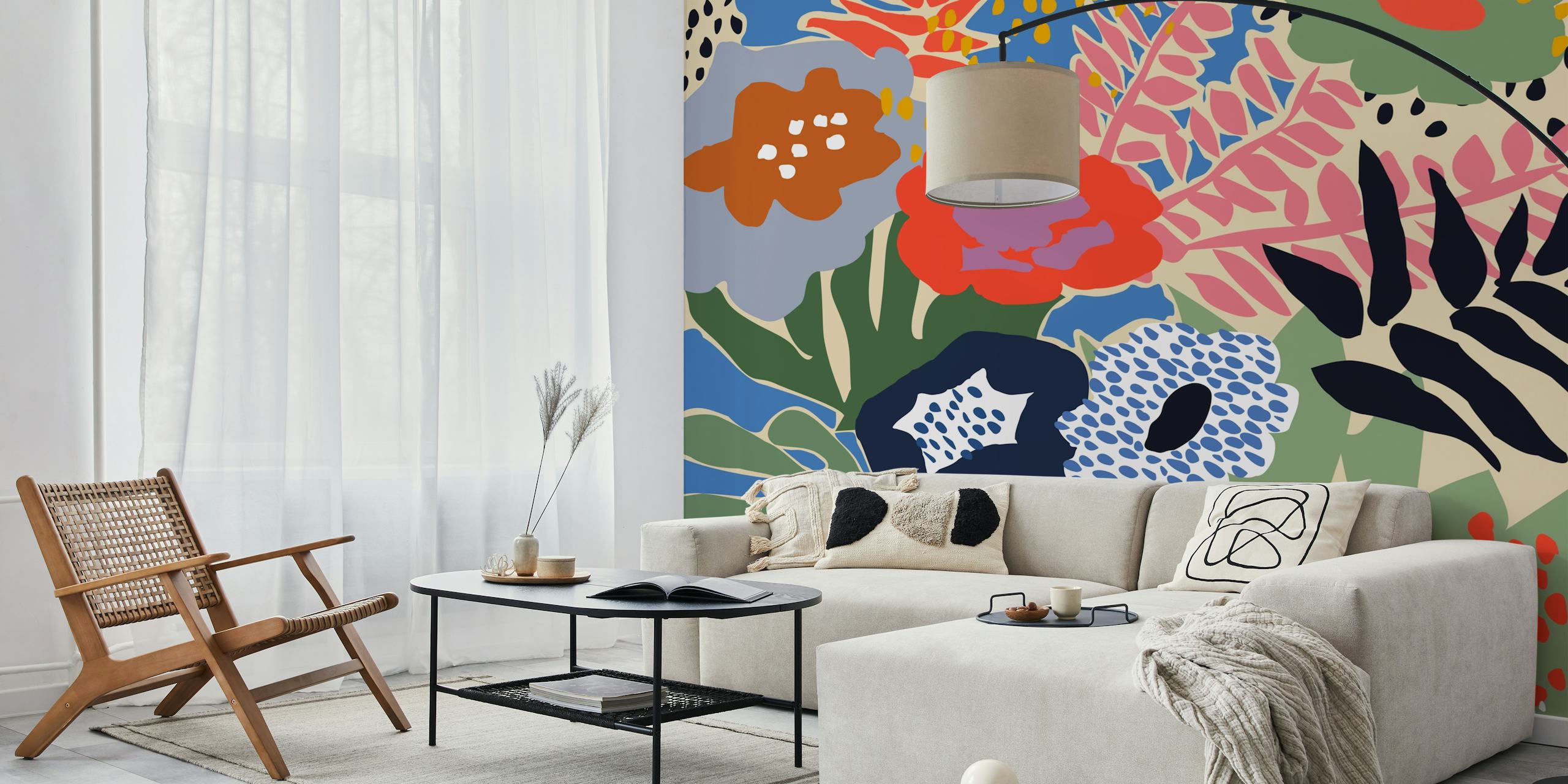 Stunning image showing the detailed brilliance of our Maximalist floral shapes wallpaper
