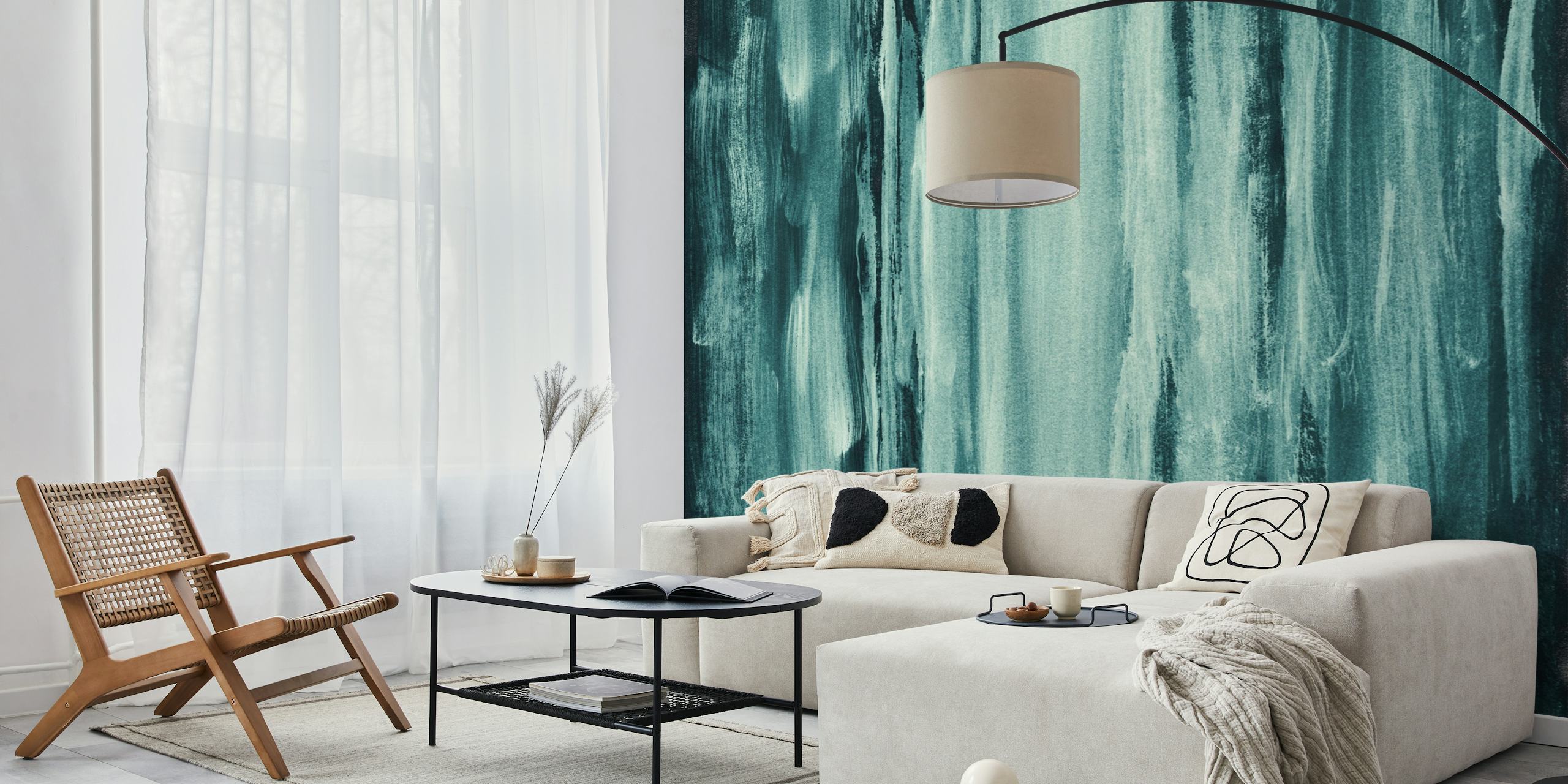 Teal watercolor wallpaper displayed in a room