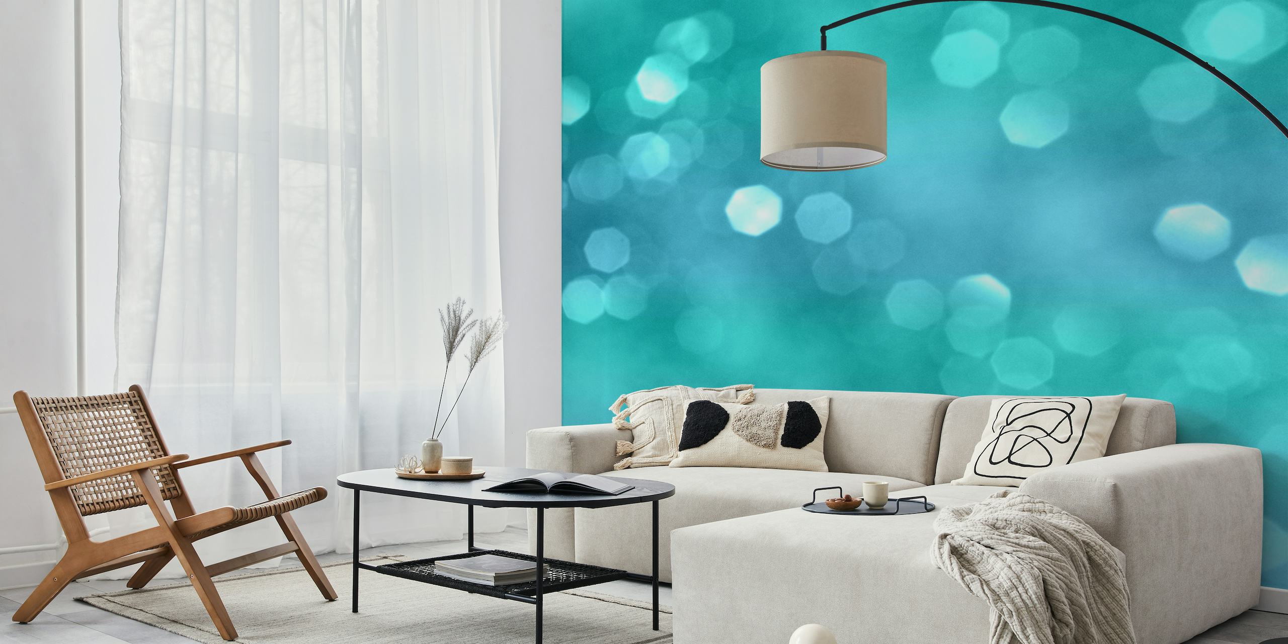 Fototapeta s modrým a tyrkysovým bokeh světelným efektem pro klidnou domácí výzdobu