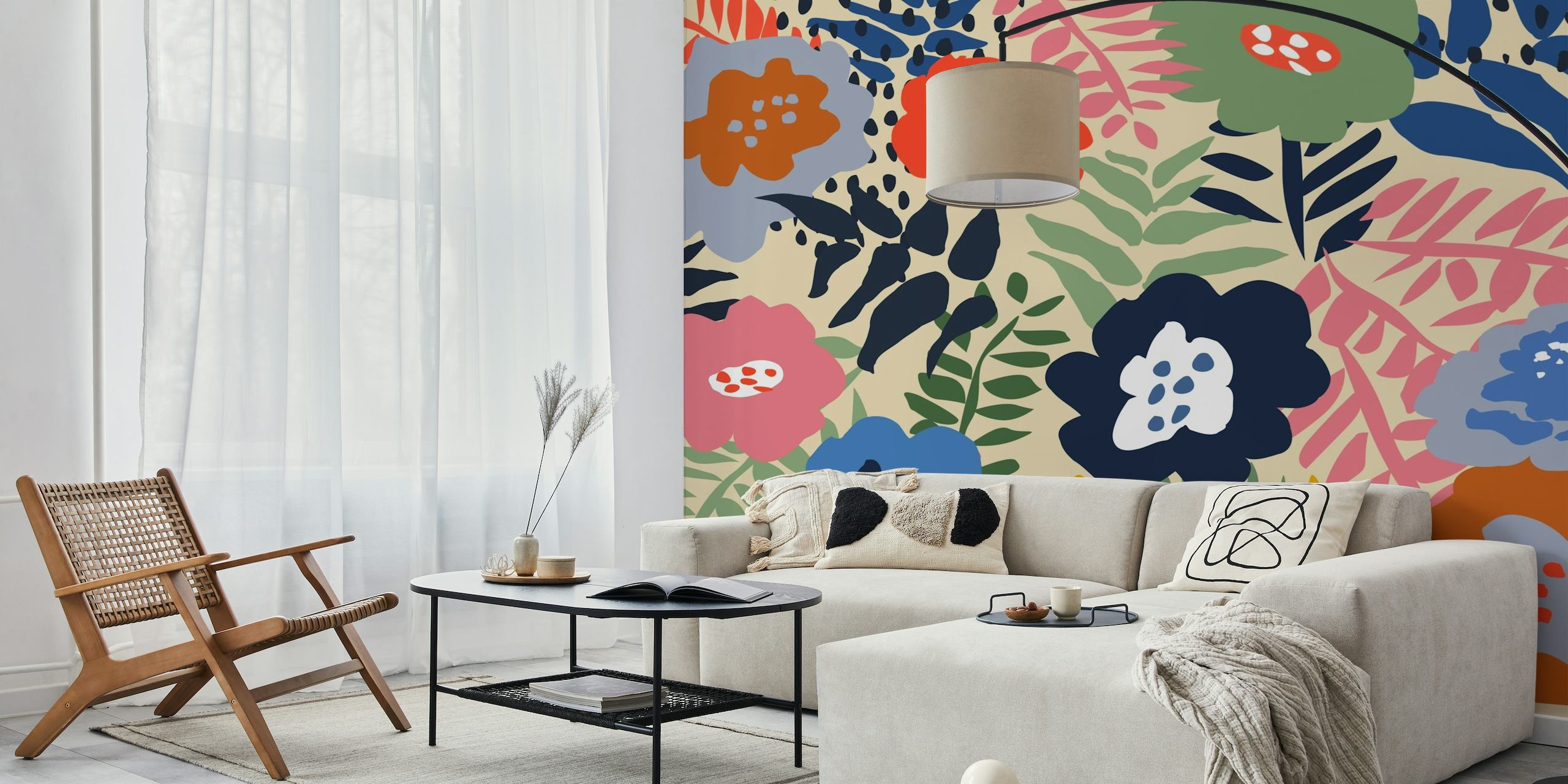 Fotomural vinílico de parede colorido maximalista com padrão floral e desenhos de flores mistas