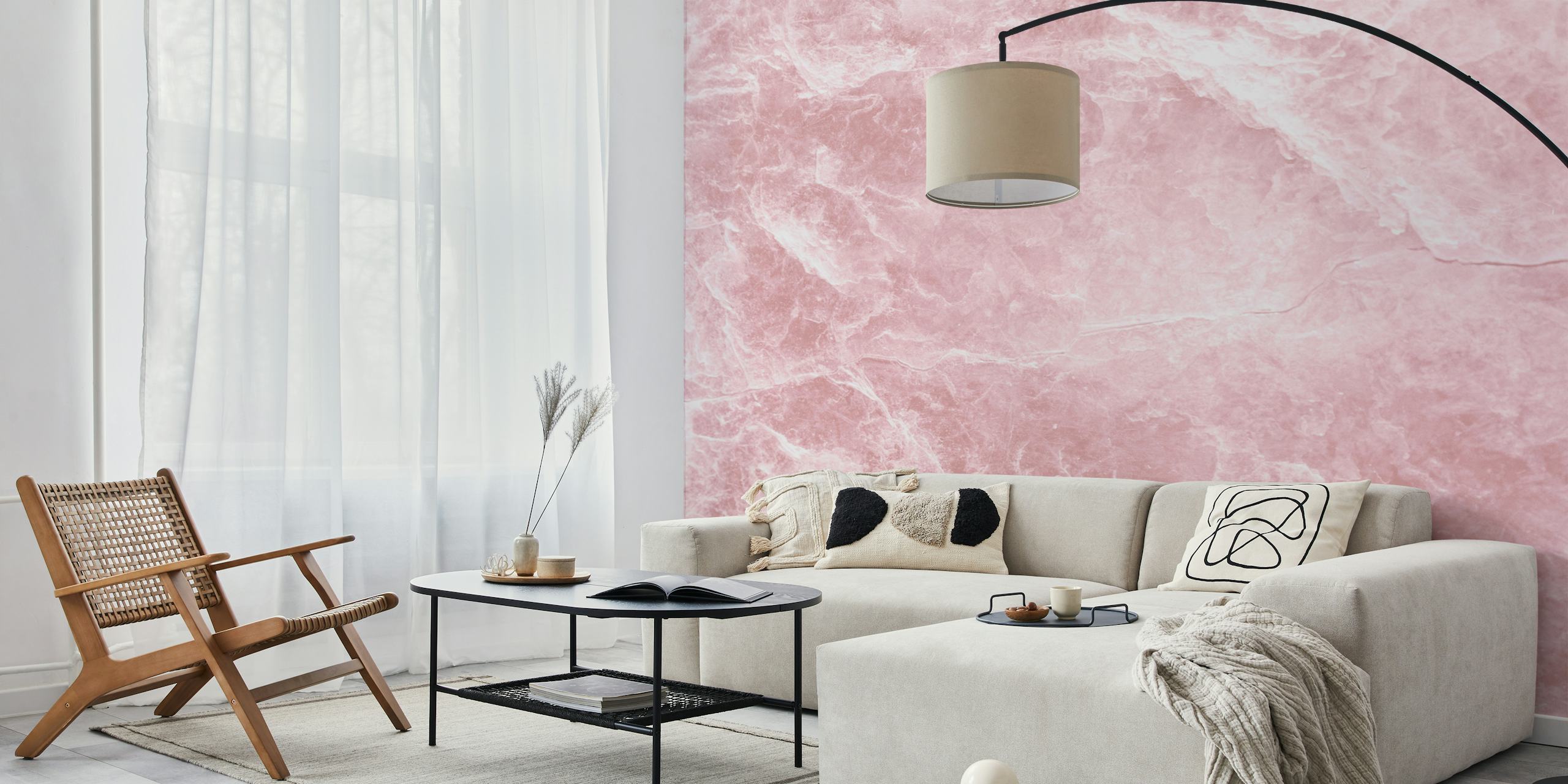 Fotomural con textura de mármol rosa rubor para una decoración interior tranquila.