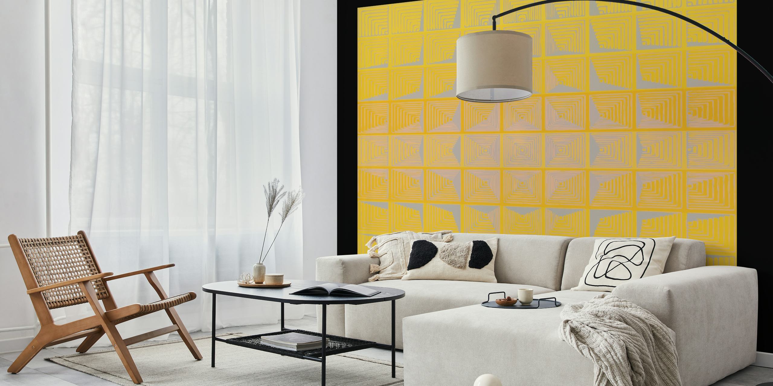 Žuta zidna slika s geometrijskim uzorkom inspirirana 70-ima