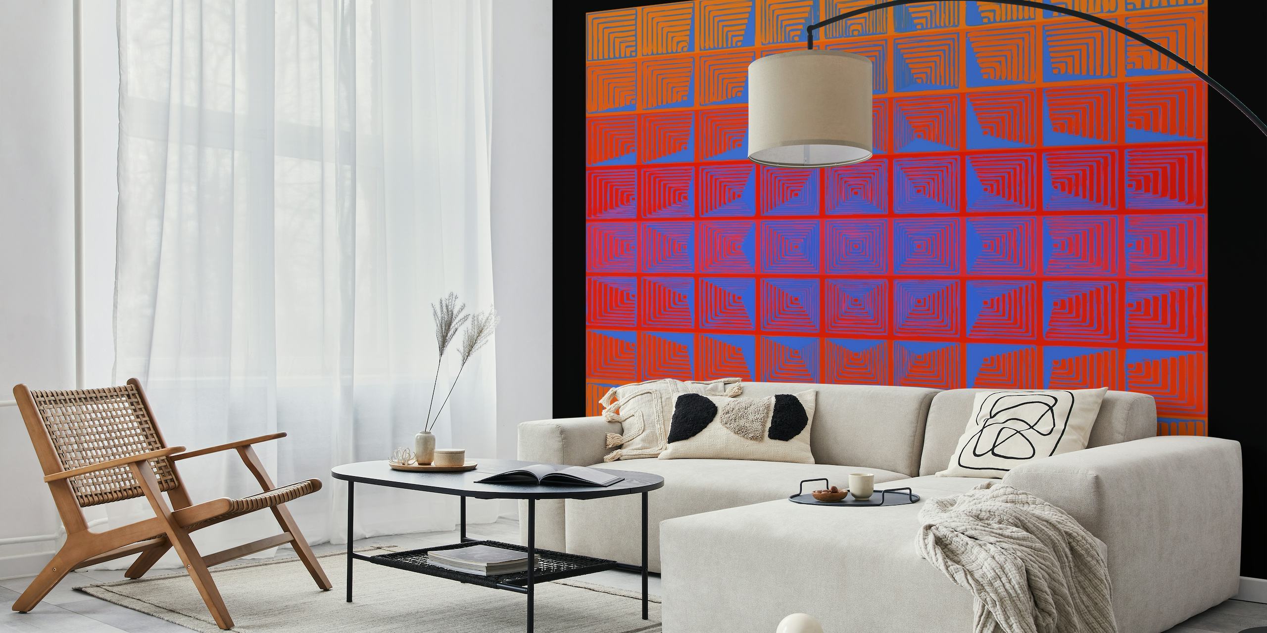 Retro-stil Panton-inspirerad 70-tals soluppgång tapet med geometriska mönster i bärnsten och cerulean toner