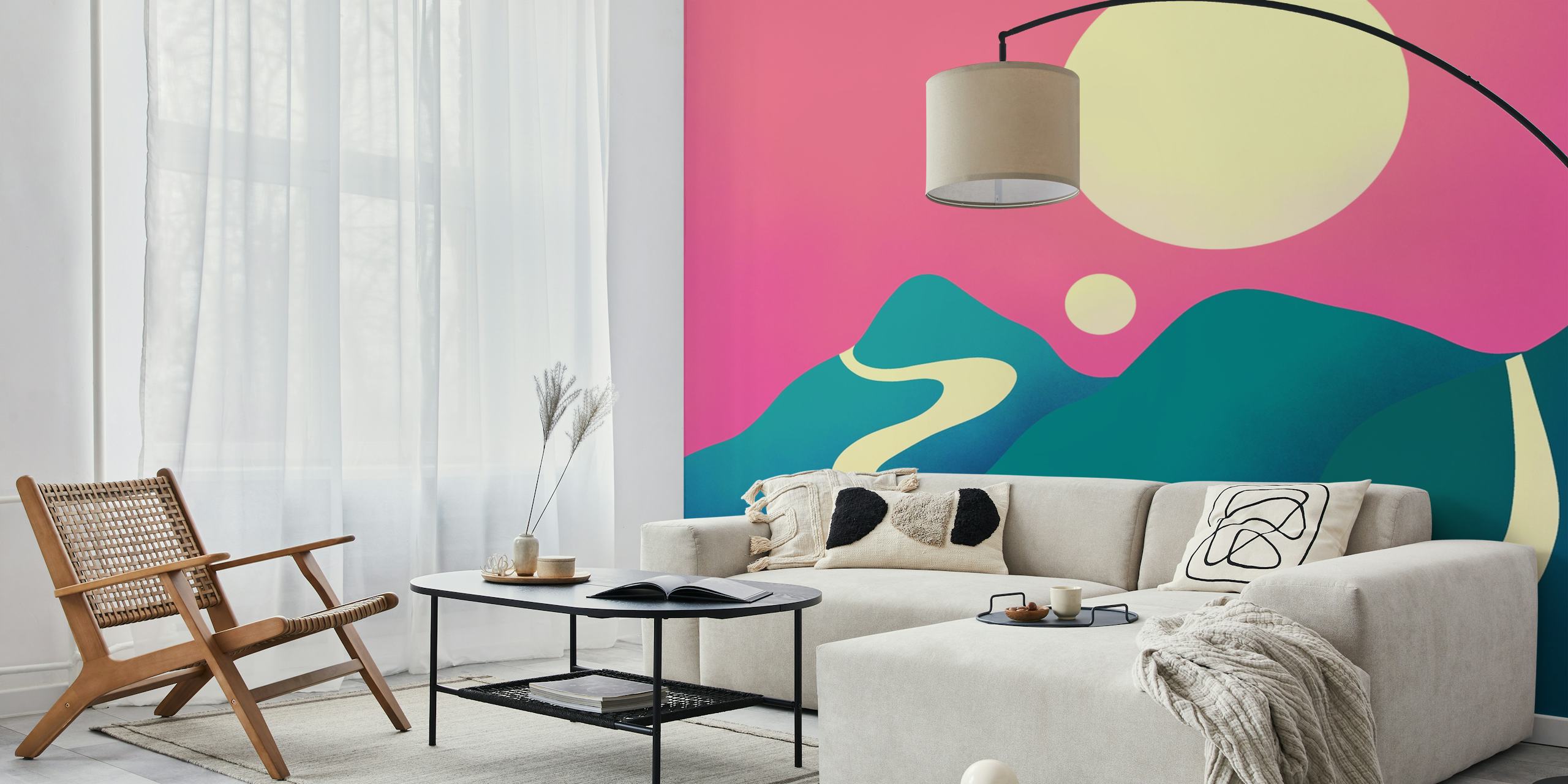 Abstract mountains in turquoise and pink wallpaper