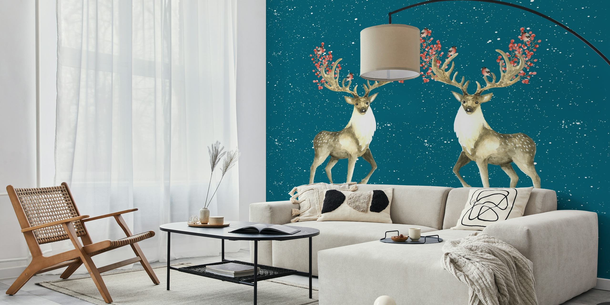 Deers With Birds Teal wallpaper