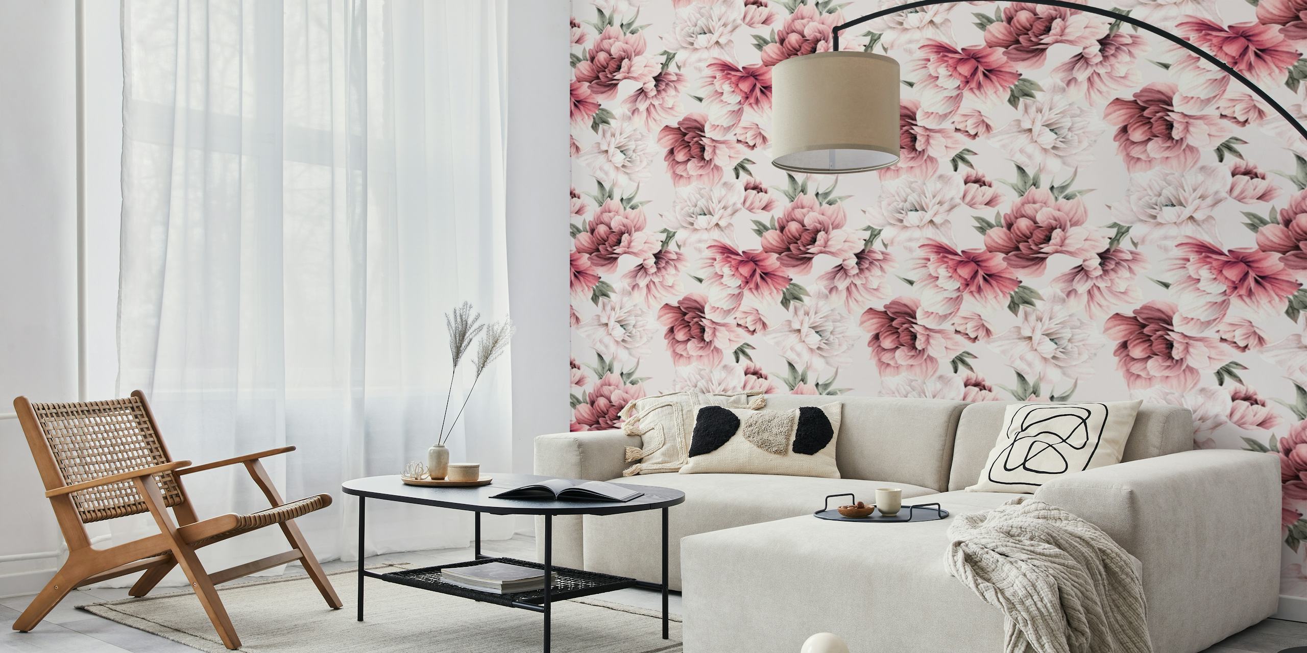 Red and white peonies floral design wallpaper