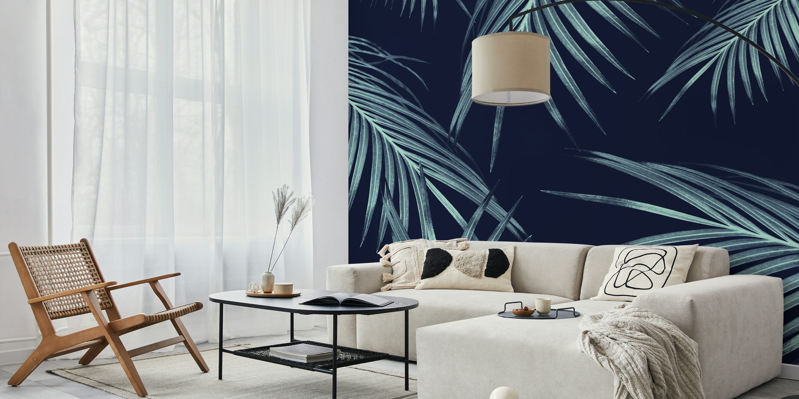 Navy blue tropical palm leaves wallpaper