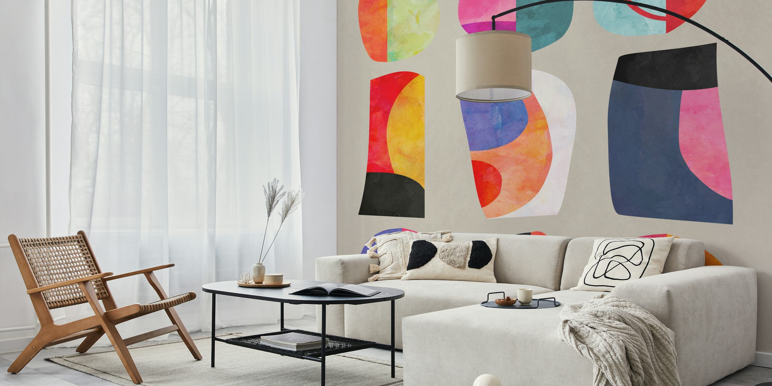 Colorful abstract shapes in pink, blue, and black wallpaper