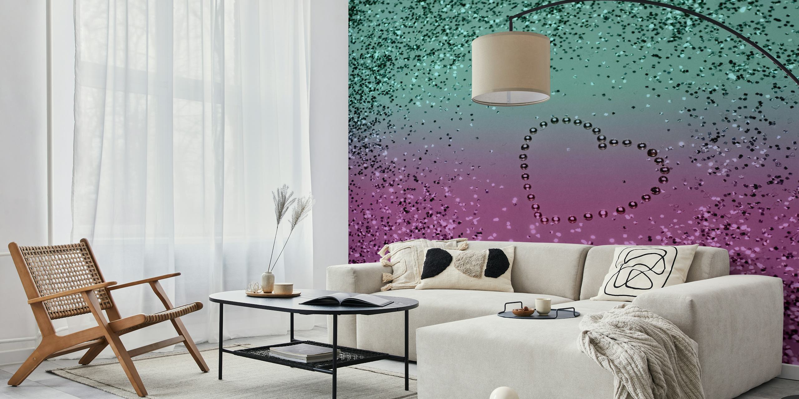 Ombre glitter wallpaper with heart design in teal and purple tones