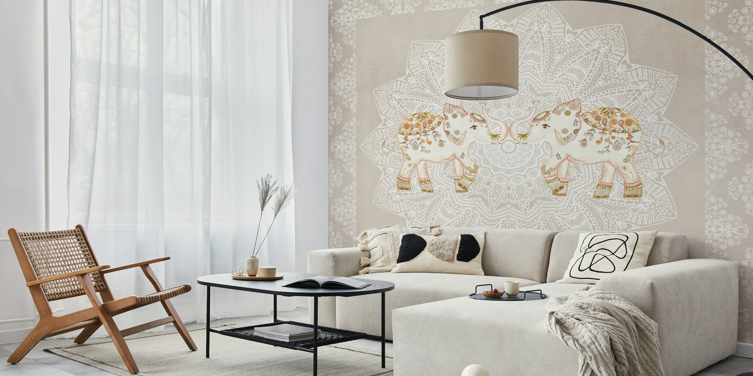 Two decorated elephants surrounded by a mandala pattern, soft gray wallpaper