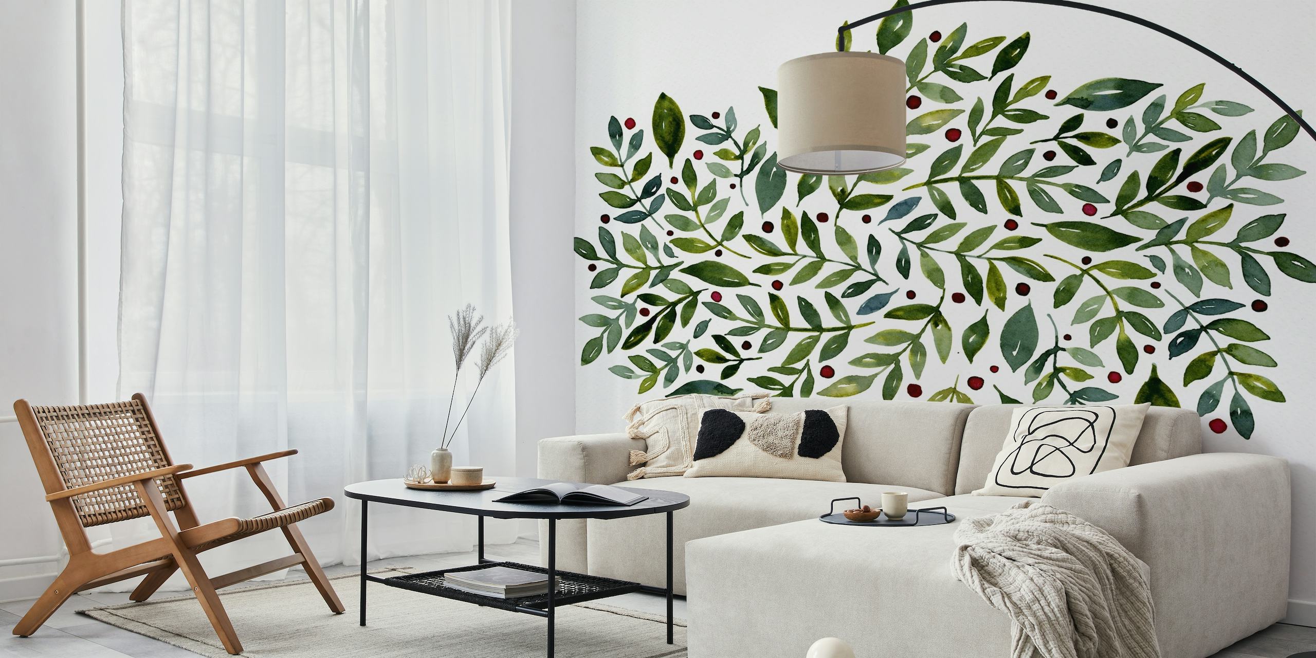 Illustrated green foliage and red berries wall mural design
