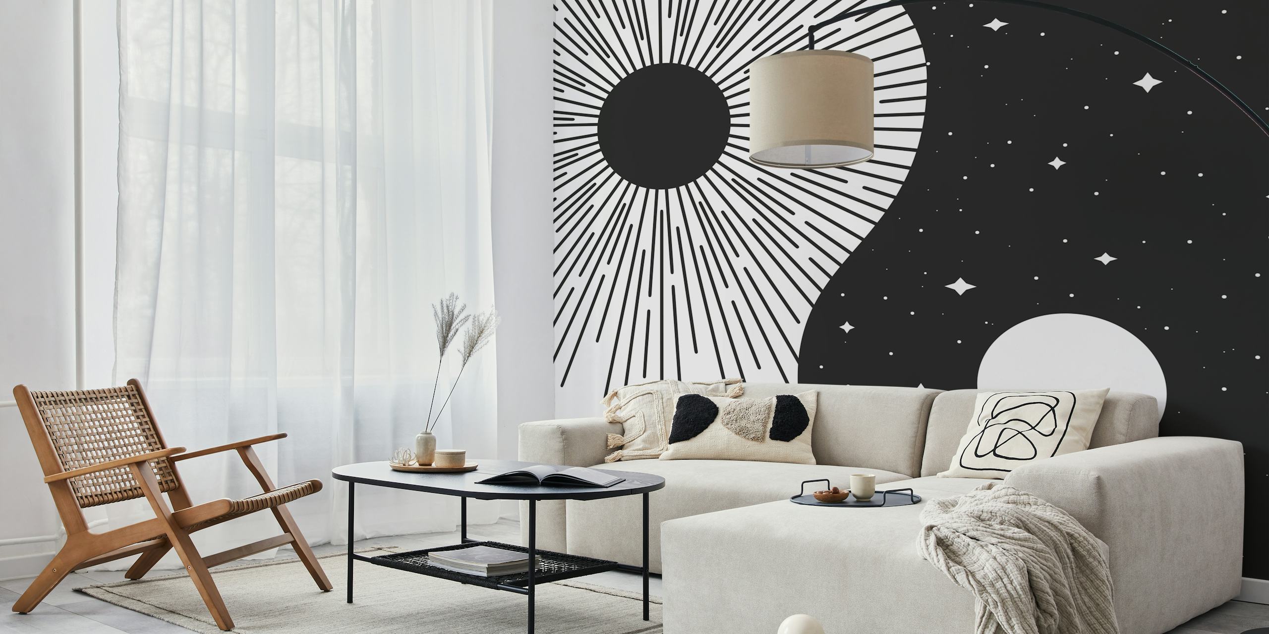 Yin Yang Sort solstråle og måne med stjerner vægmaleri