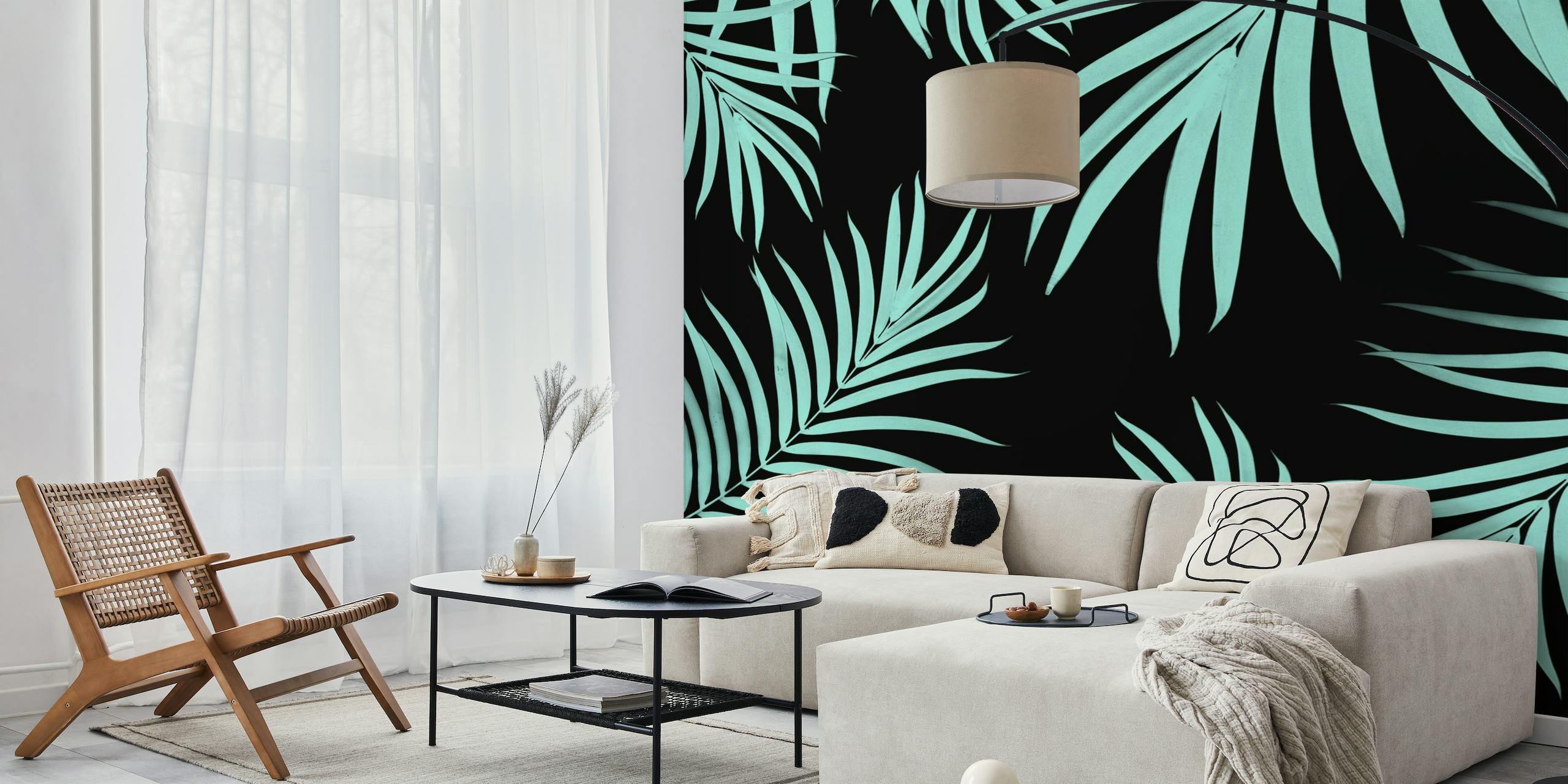 Sinivihreä palmunlehtikuvio mustalla taustalla olevalla seinämaalauksella