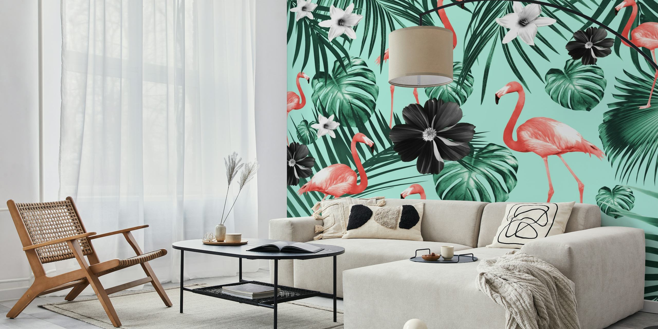 Tropical Flamingo Flower 3 wall mural with pink flamingos and green foliage