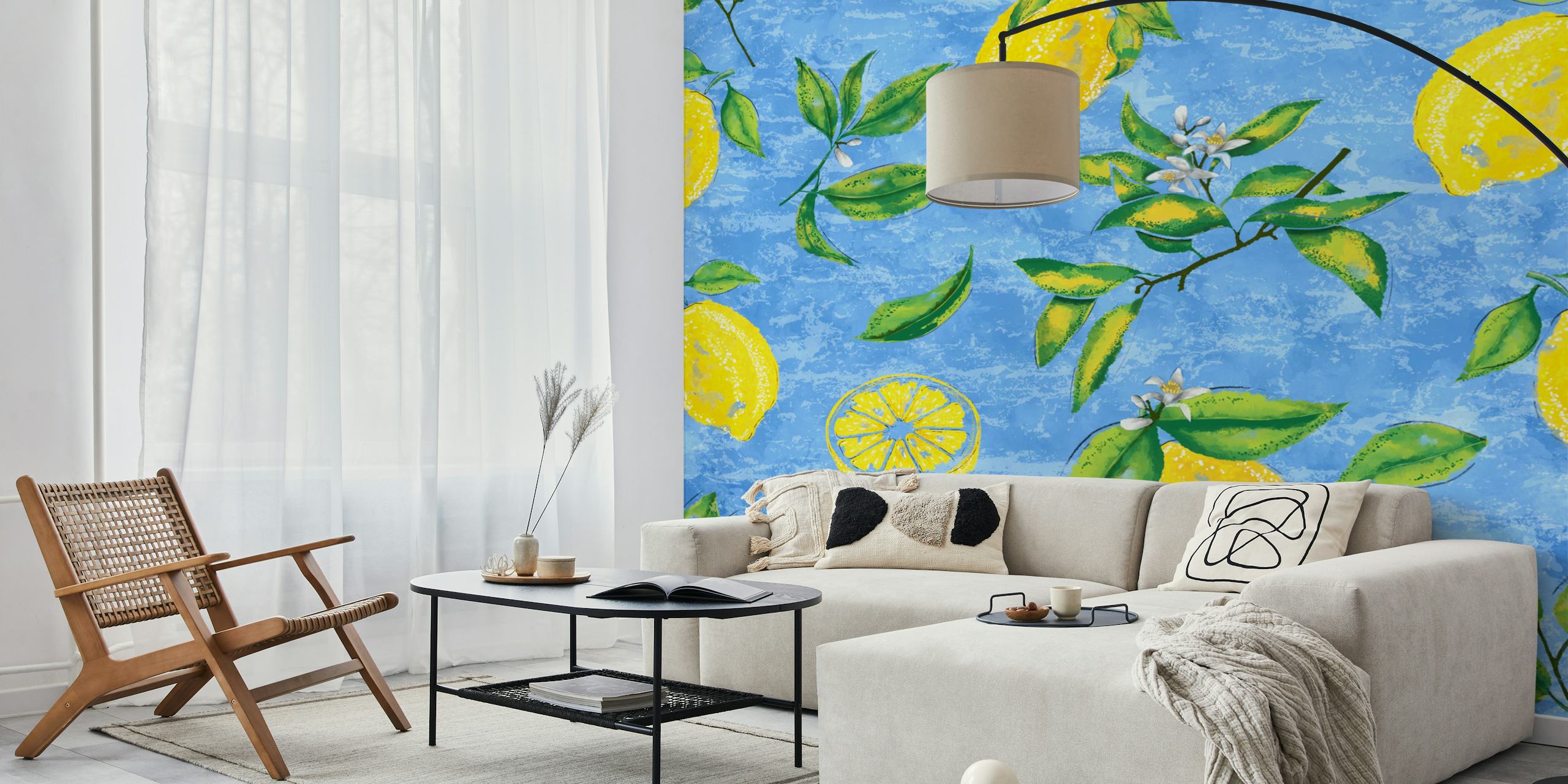 Lemon and green leaves on blue textured background wallpaper