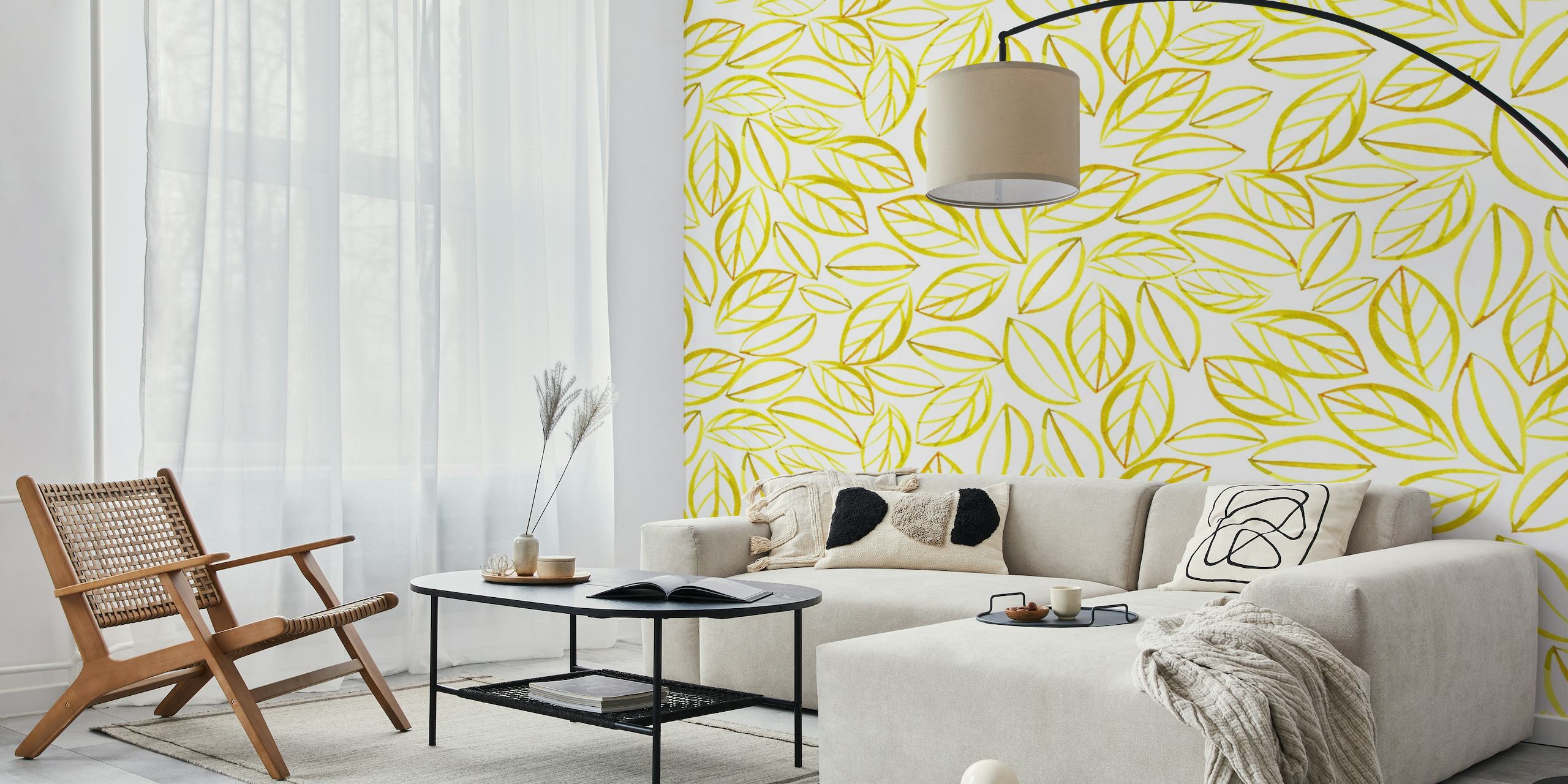 Lime green leaves pattern on white background wall mural