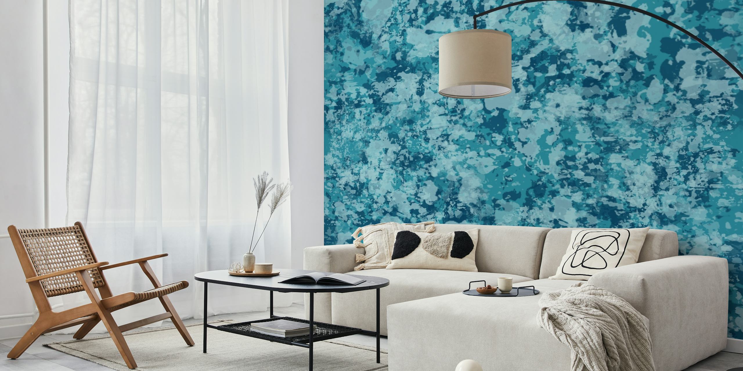 Blauw teal camouflagepatroon muurschildering met abstract ontwerp
