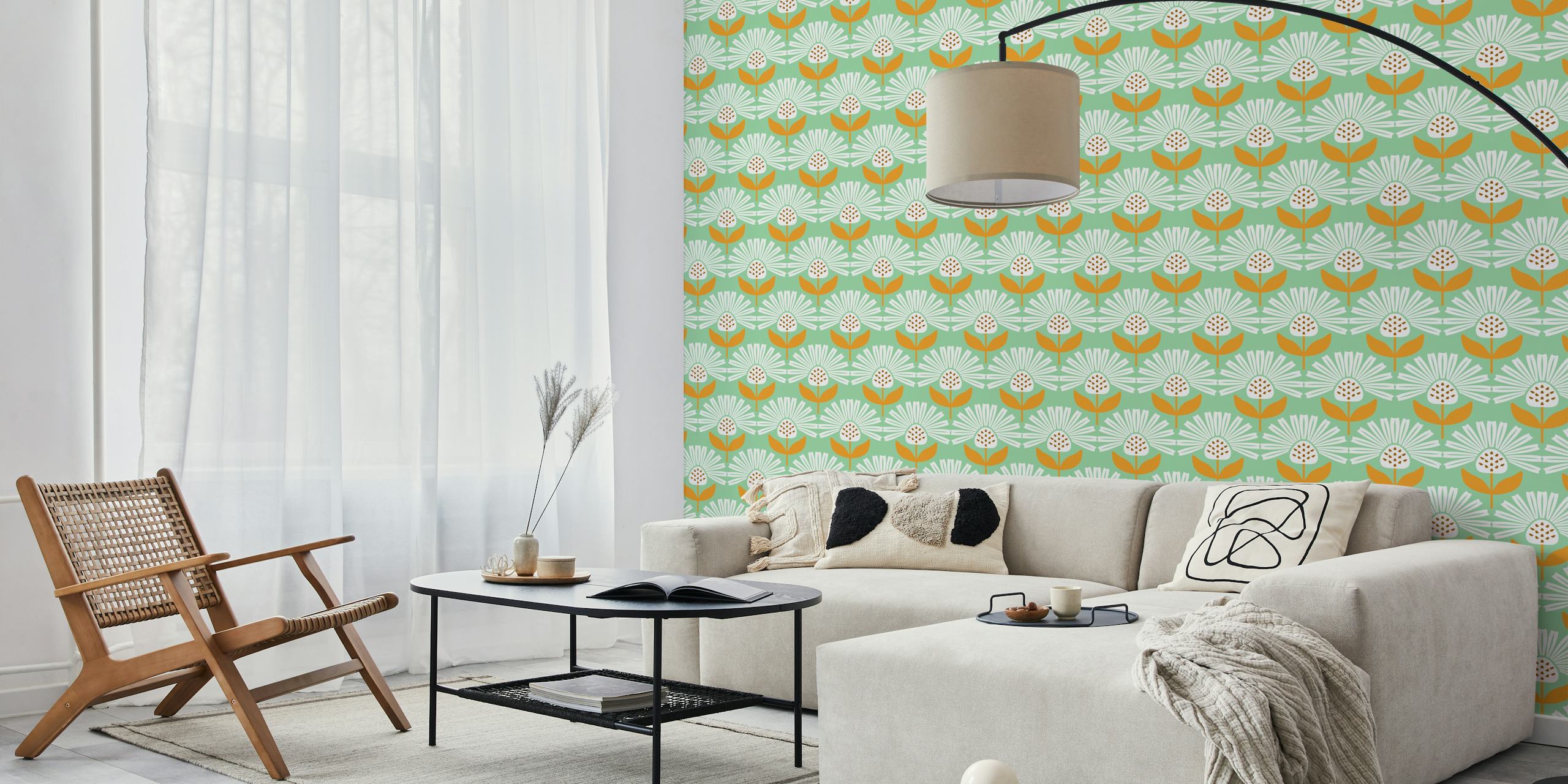 Mid century modern στυλ φλοράλ σχέδιο τοιχογραφίας σε τιρκουάζ και πορτοκαλί