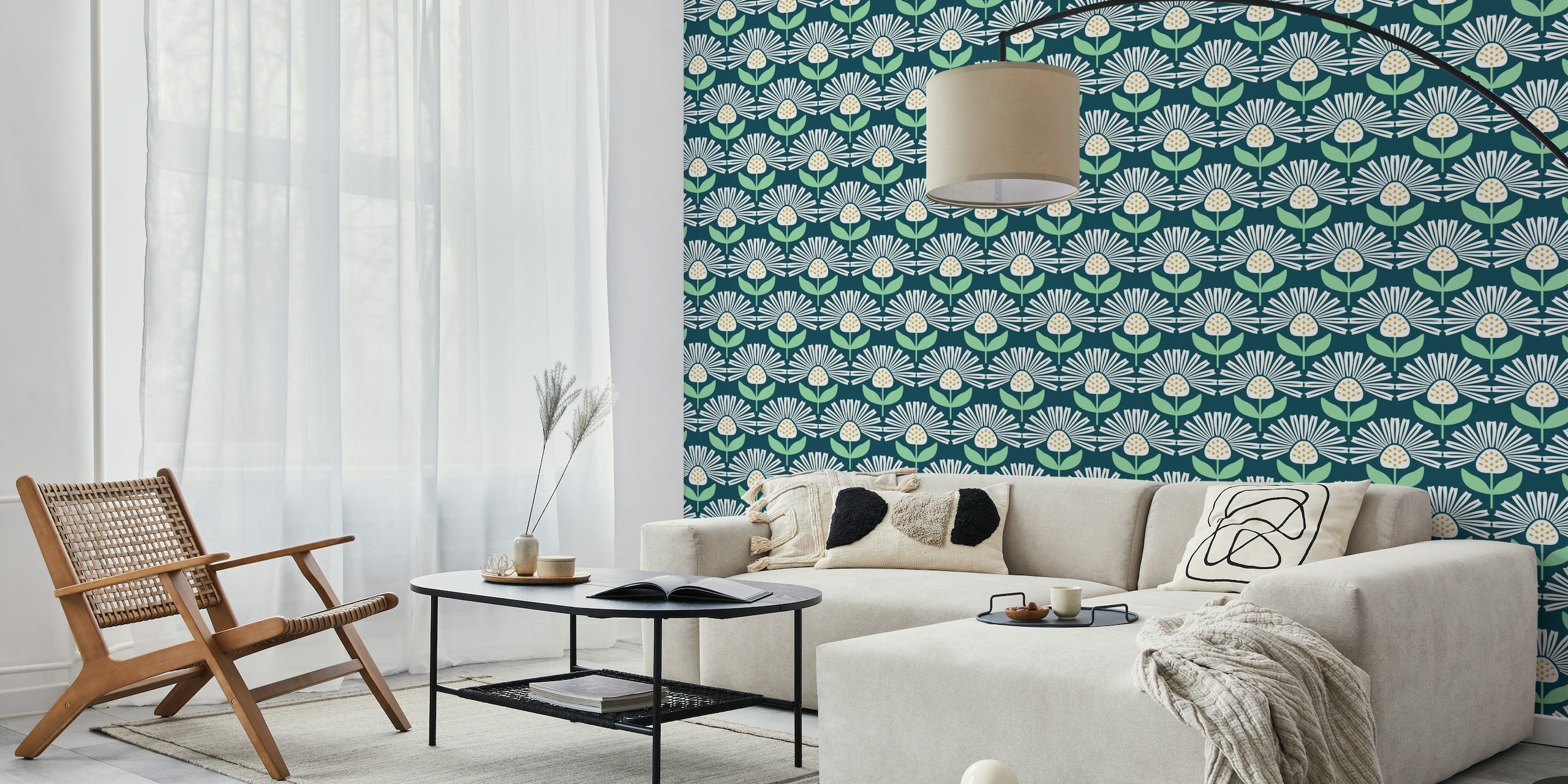 Modern Retro Blomma Blå mönster tapet med stiliserade blommiga och geometriska former