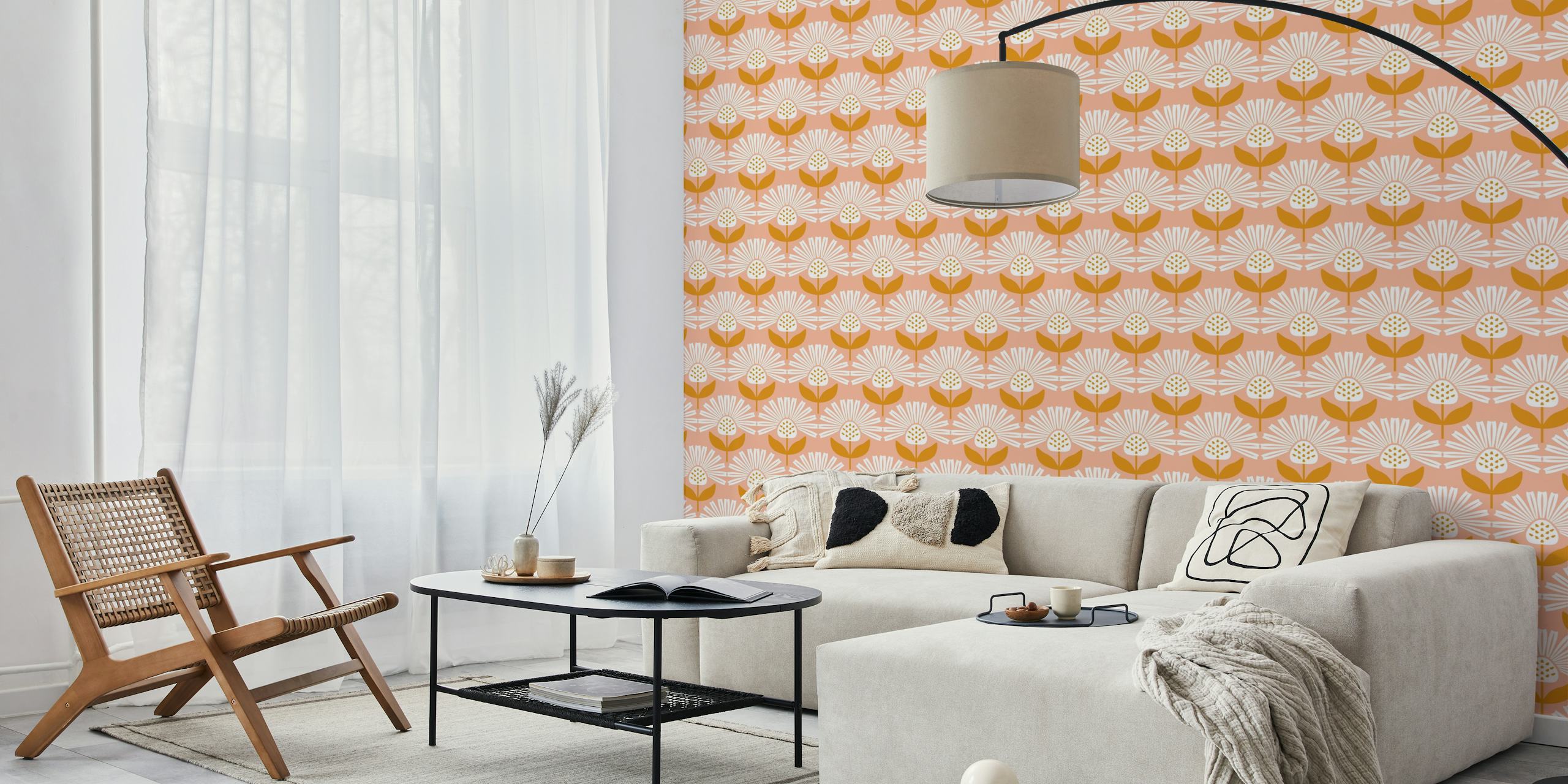 Orange and white floral pattern wallpaper, modern style
