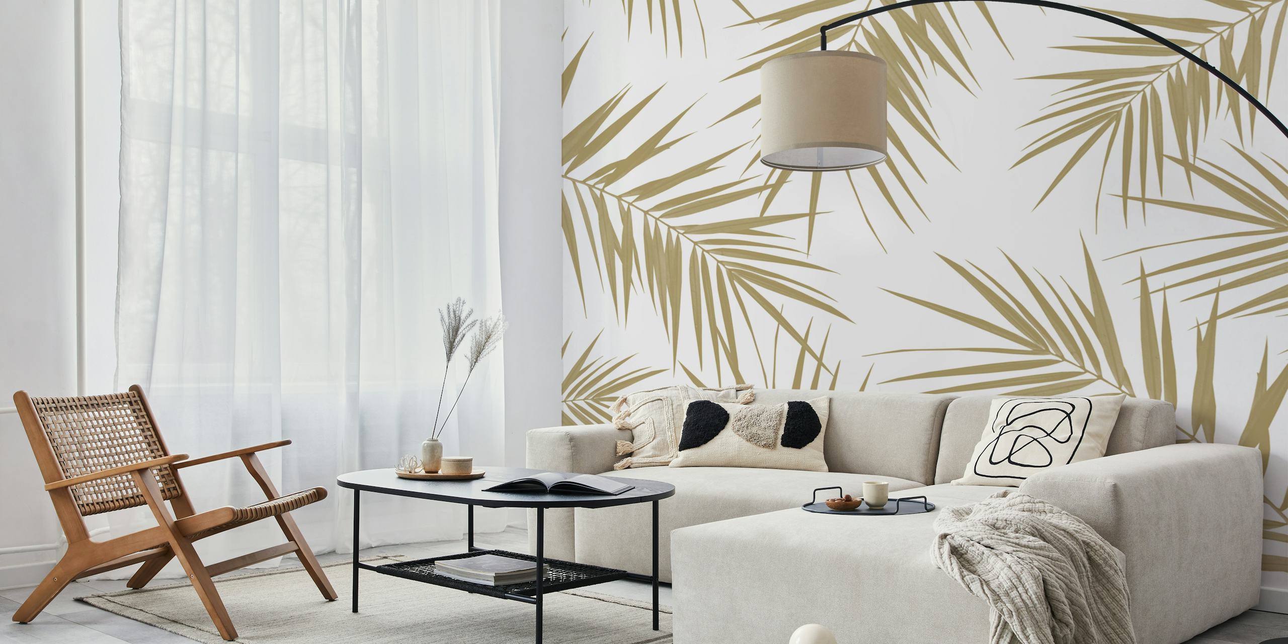 Tropical palm leaves design in beige on white wallpaper