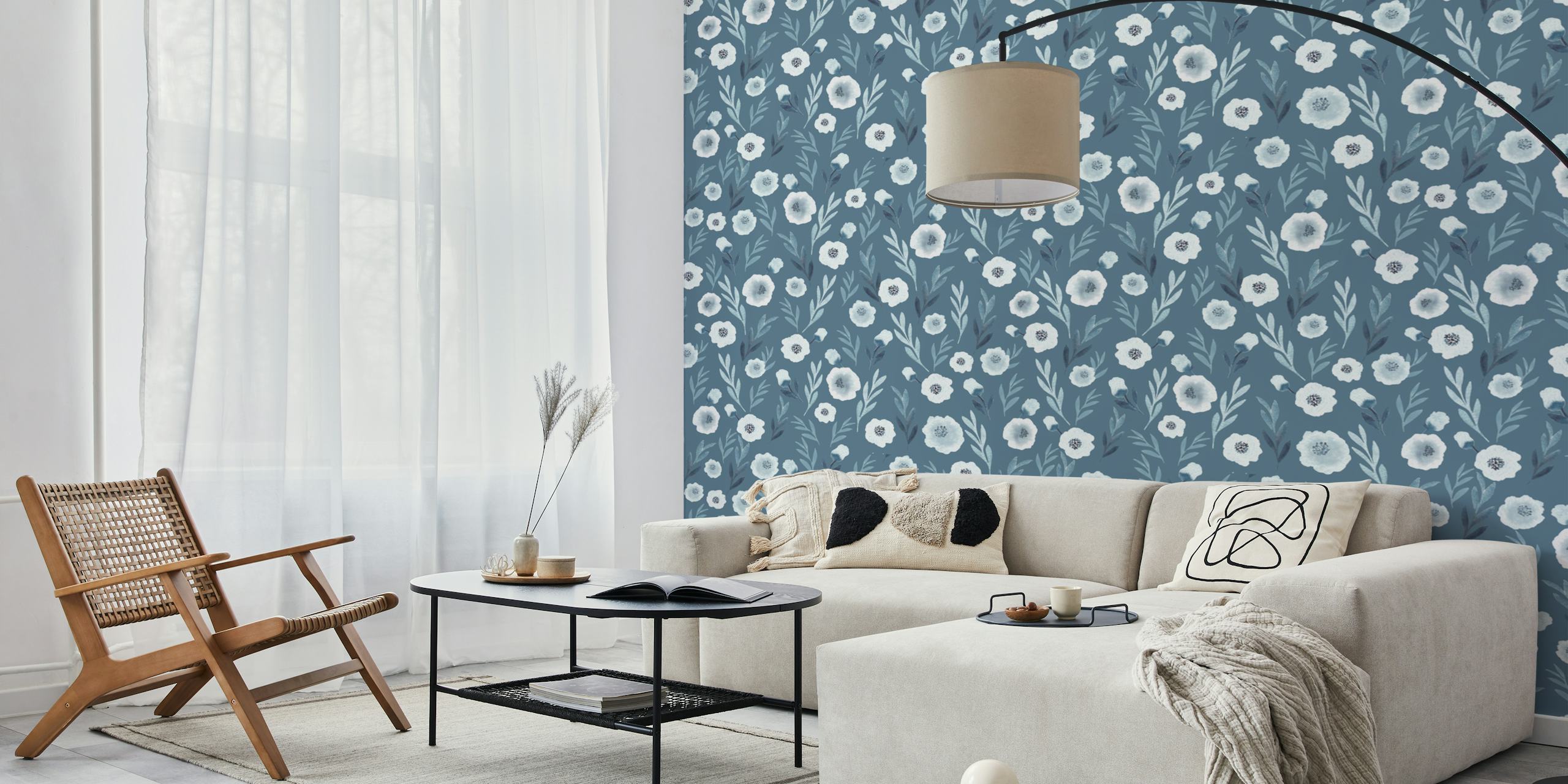 Ταπετσαρία Blue Blooms εκτεθειμένη σε ένα δωμάτιο