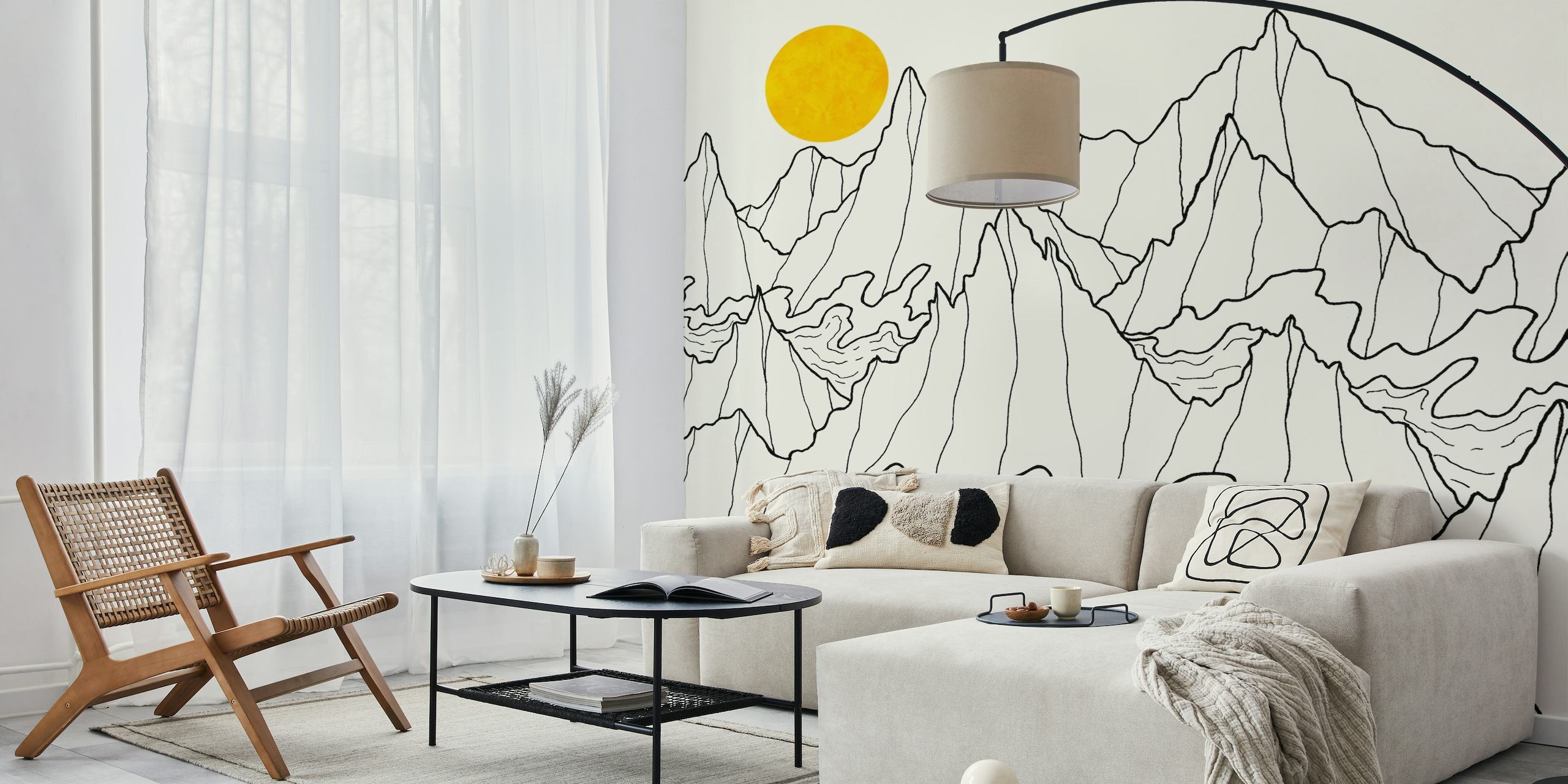 Line art style wall mural depicting a sun over ocean cliffs with waves