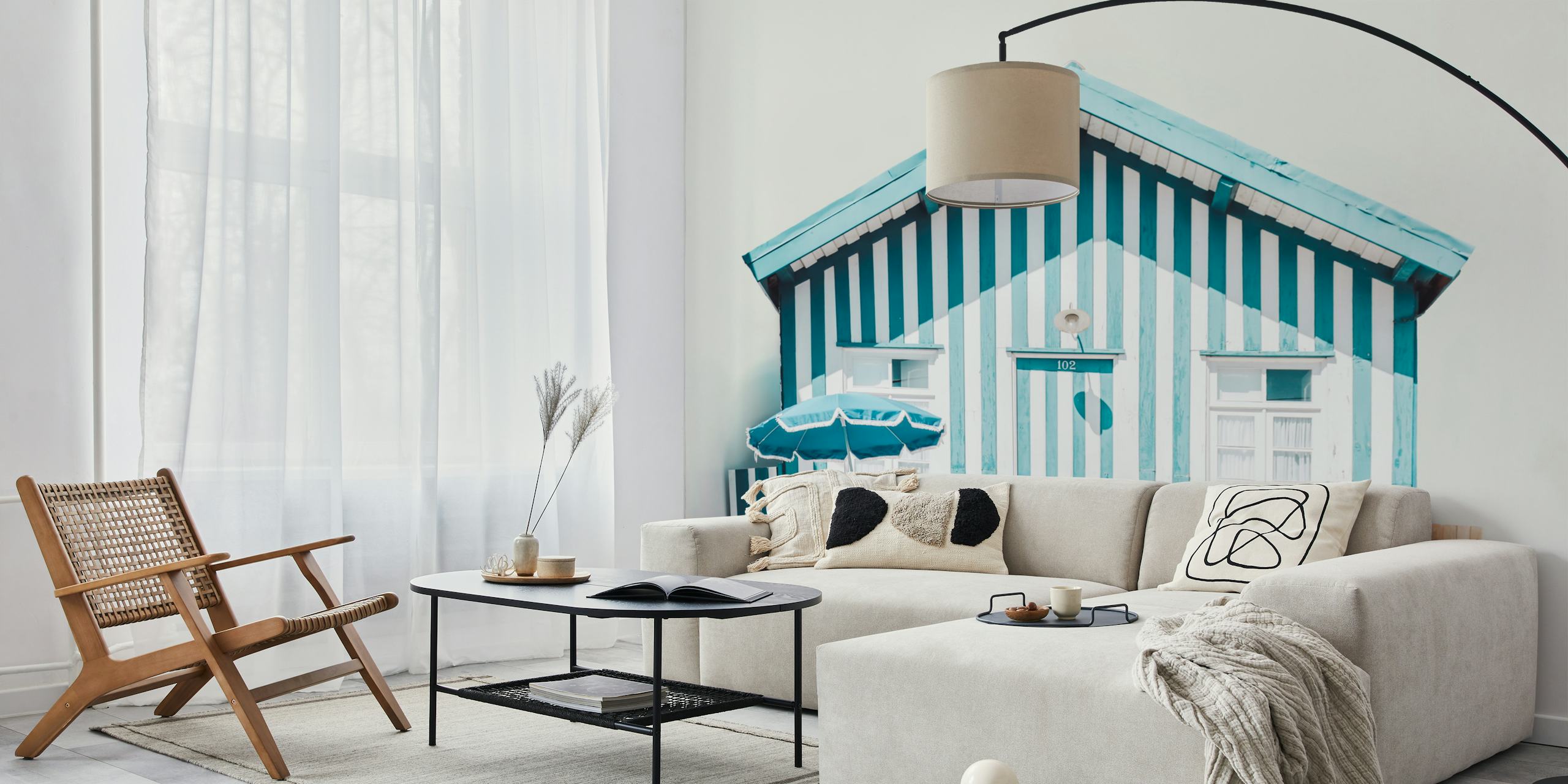 Beach house with blue and white stripes wallpaper