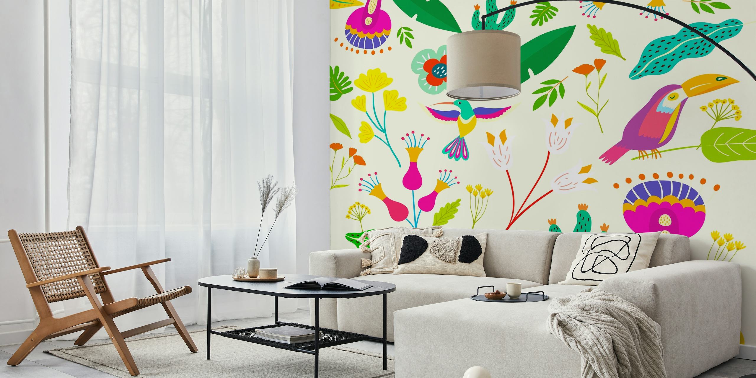Mural de parede Frida Tropical Clean com pássaros estilizados e plantas tropicais