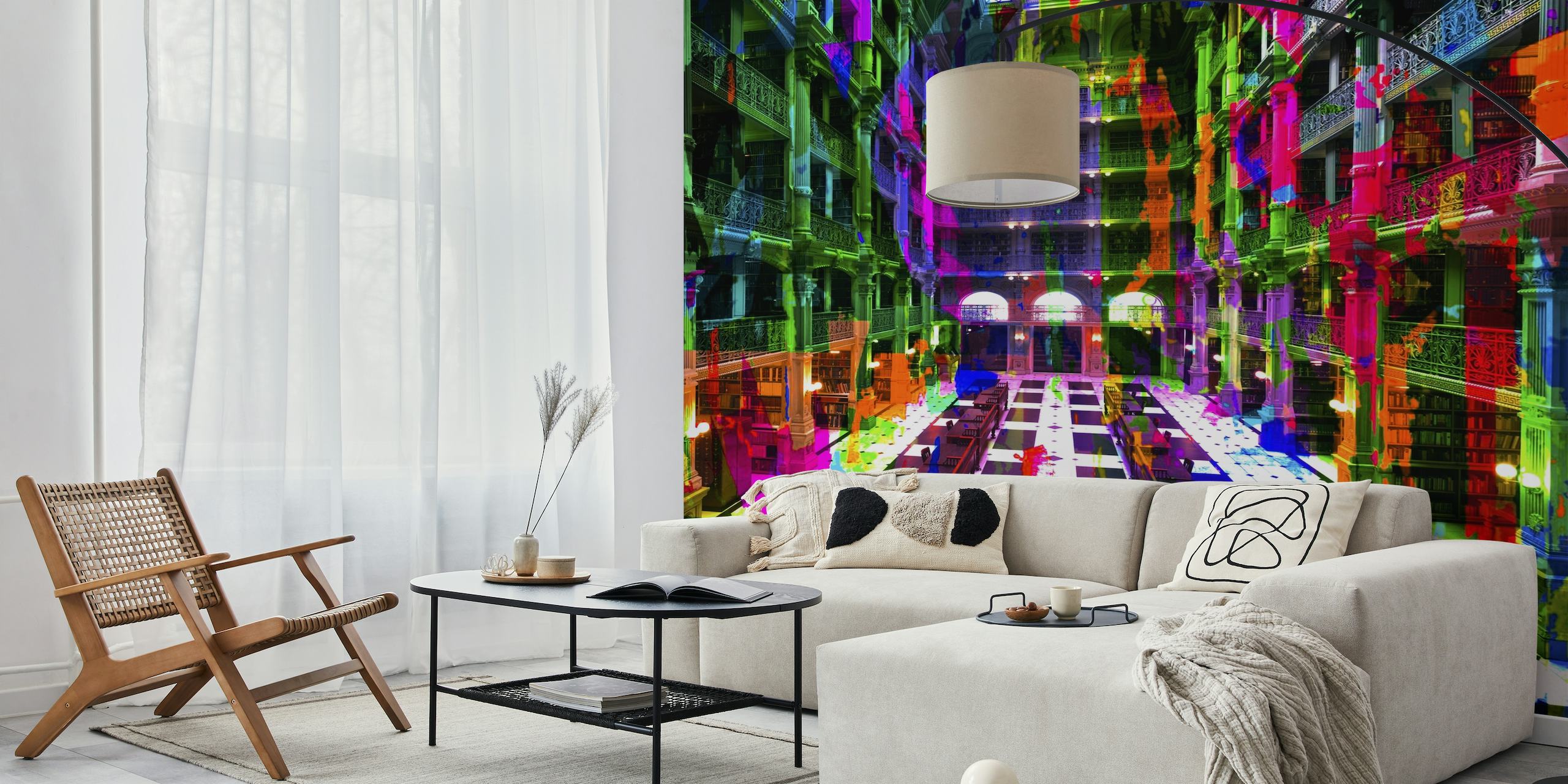 Fargerikt veggmaleri i pop-art-stil som viser en livlig bibliotekkorridor