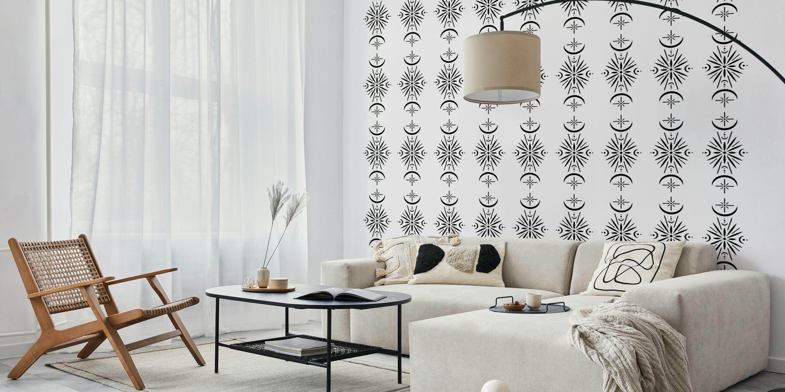 Elegante mural de parede com padrão de lua crescente e flor da lua em monocromático