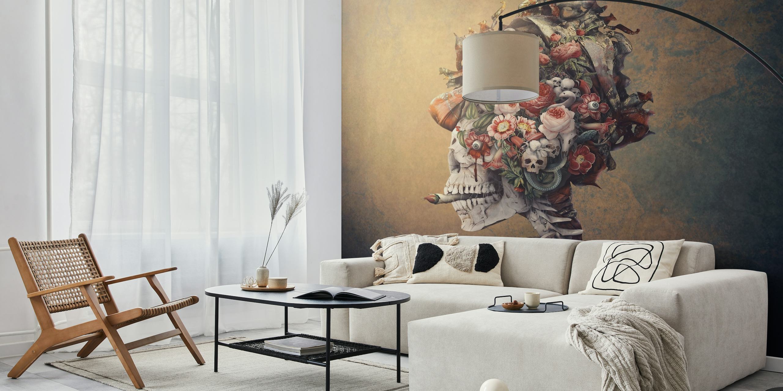Surreal wall mural with intertwined floral and faunal elements evoking a mysterious aura