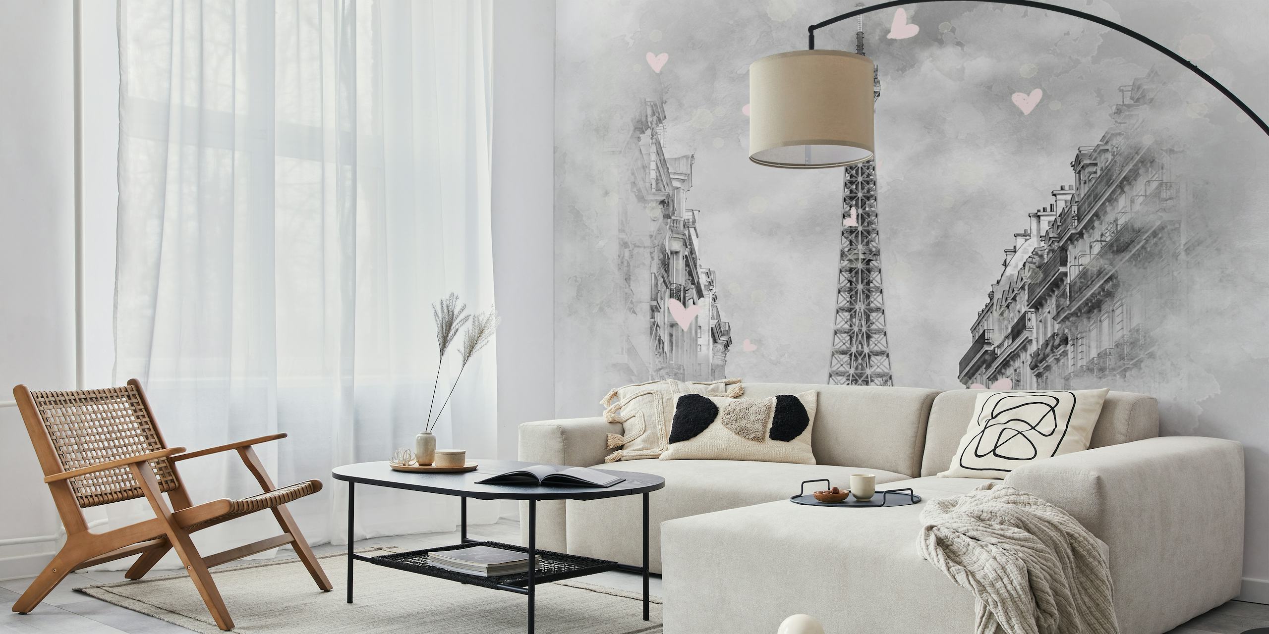 Monochrome Parisian wall mural with pink hearts and the Eiffel Tower