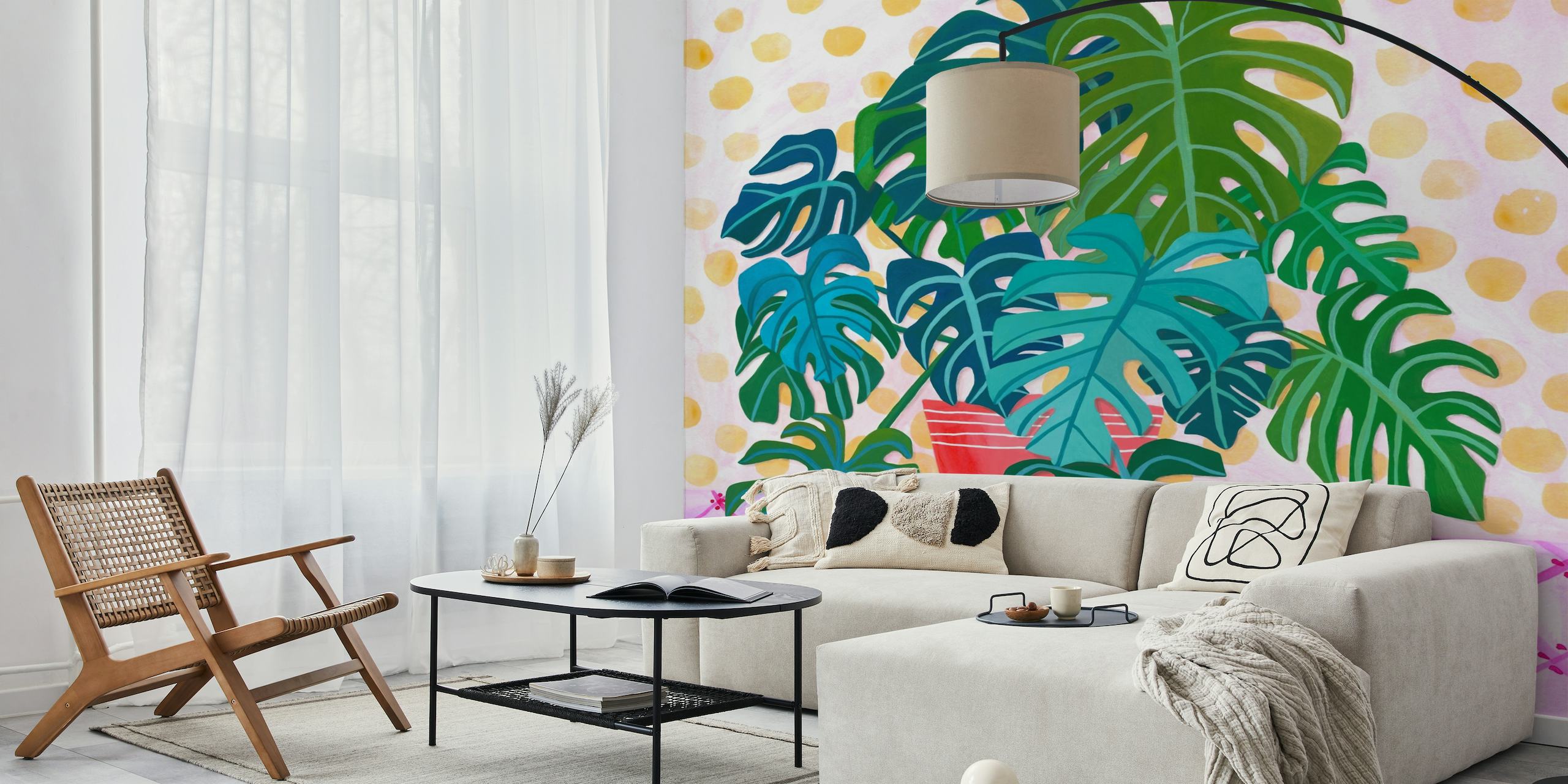 Artistic monstera leaves in a painted style with a pink polka-dotted background for a wall mural.