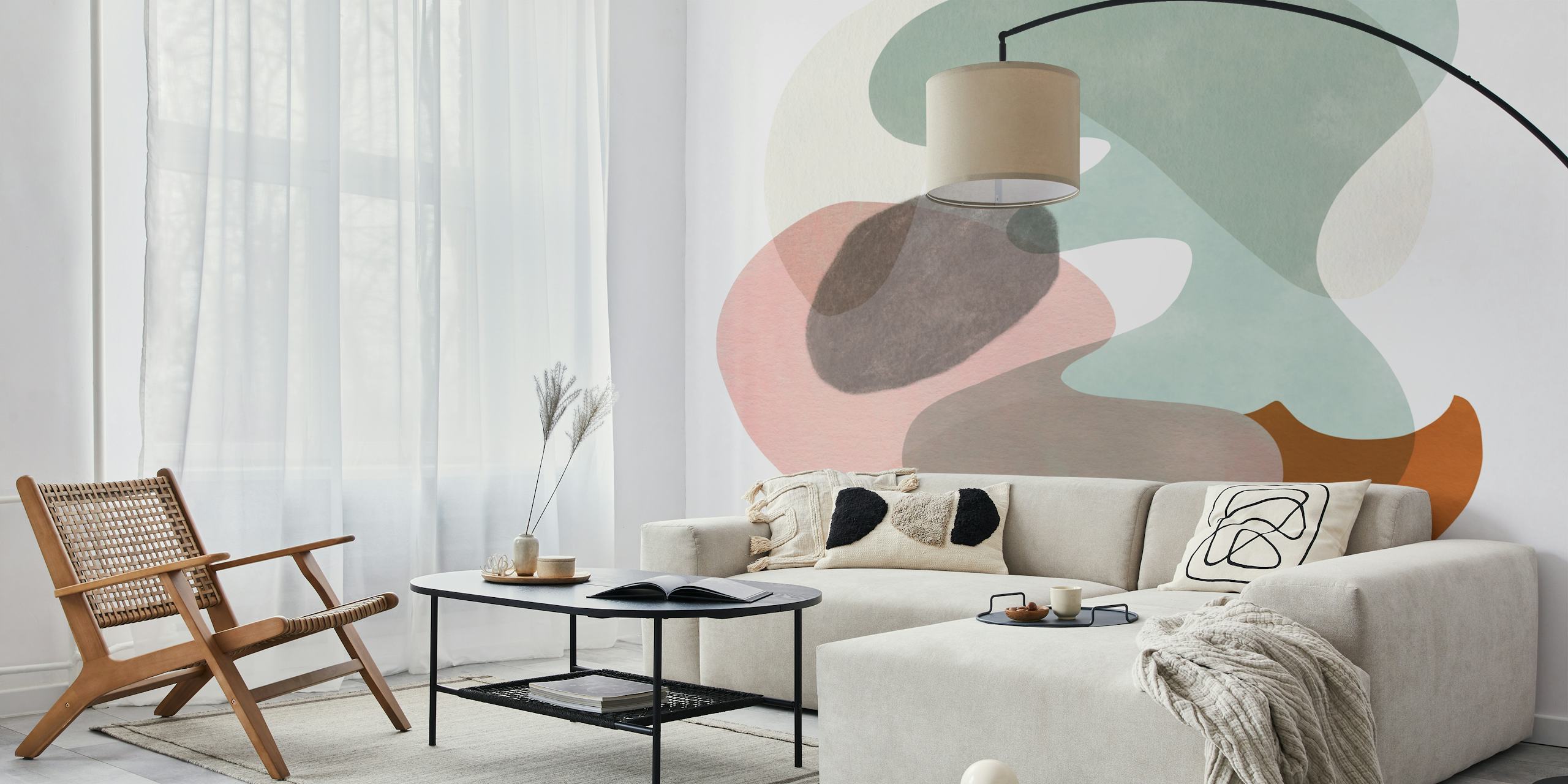 Pastel abstract shapes in soft colors like pink, green, and brown wallpaper