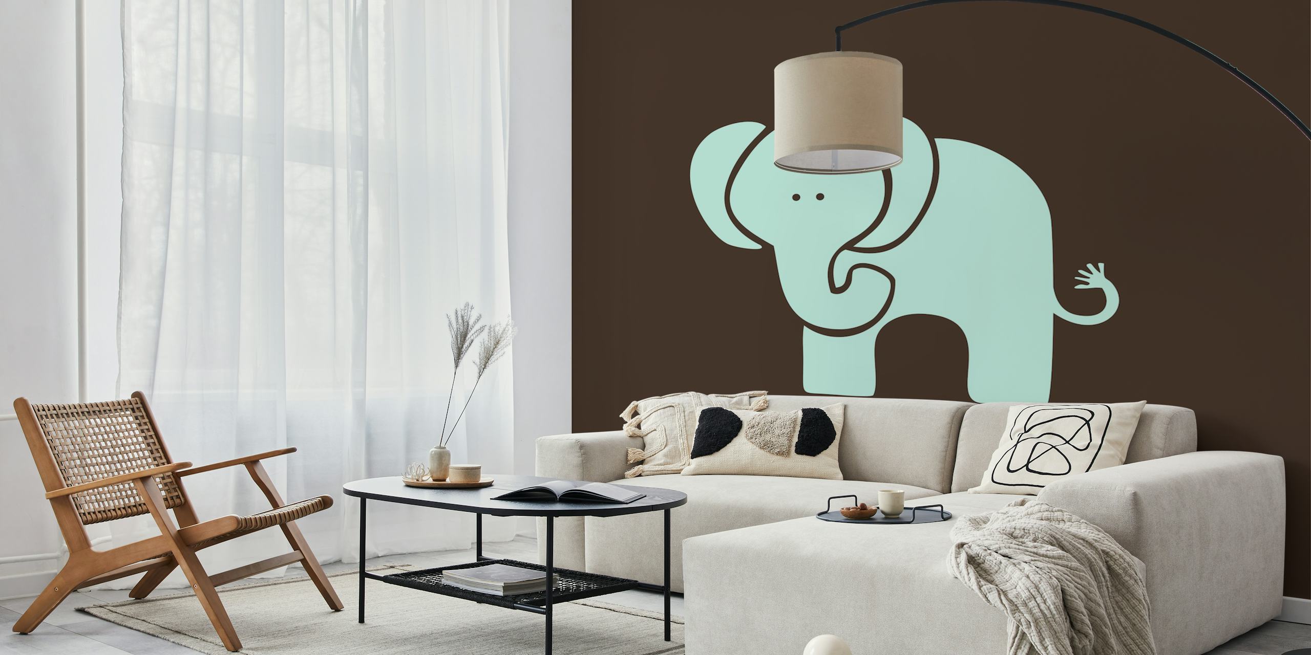 Mint colored elephant illustration on a brown background wallpaper