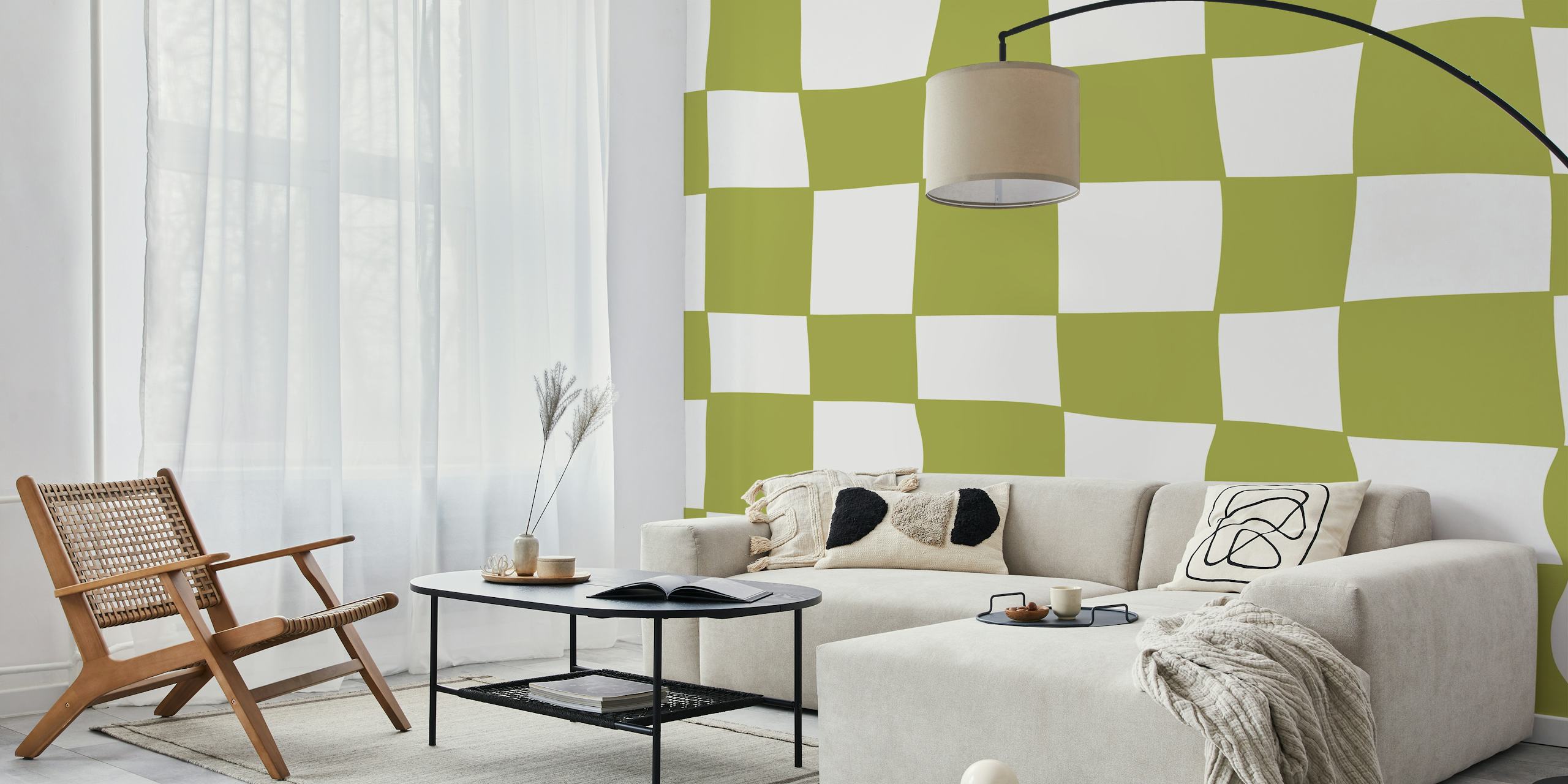 Checkered pattern in olive green and cream wallpaper