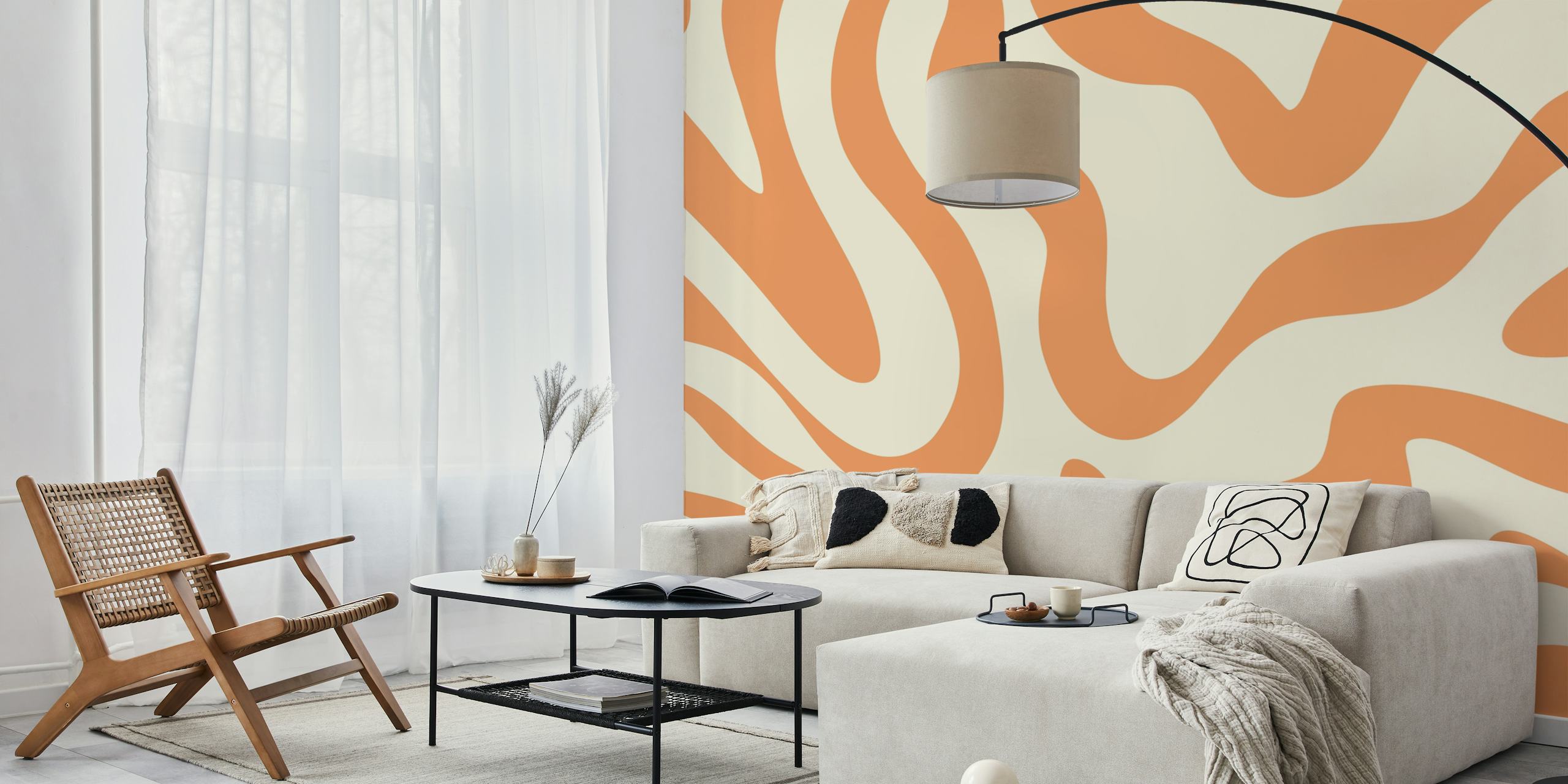 Orange swirling patterns on cream background retro wallpaper