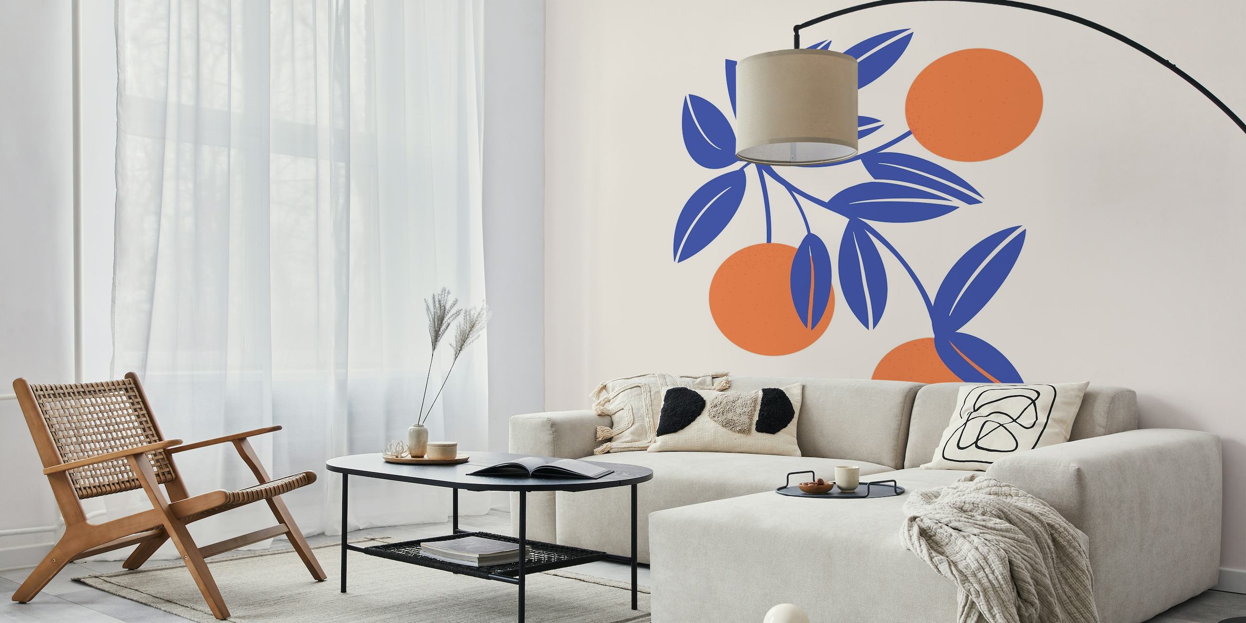 Kuva oransseista hedelmistä sinisillä lehdillä vaalealla taustalla, seinämaalaus "Cheerful Oranges"