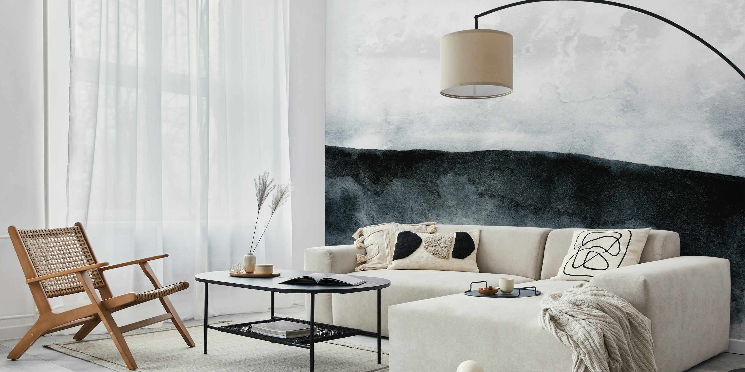 Abstract monochrome watercolor wall mural with smooth gradient