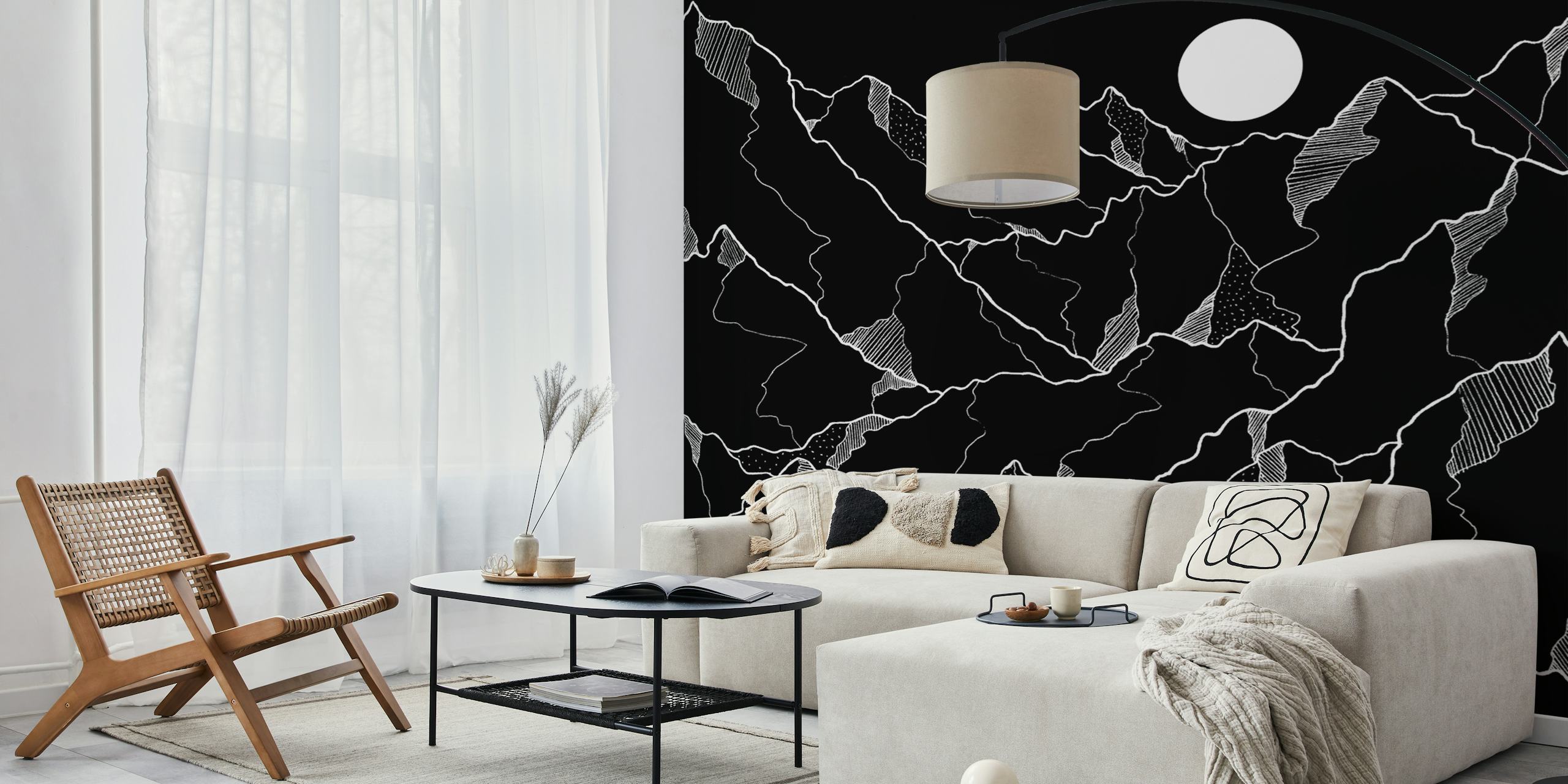 Monokrom fjelltopper veggmaleri med måne