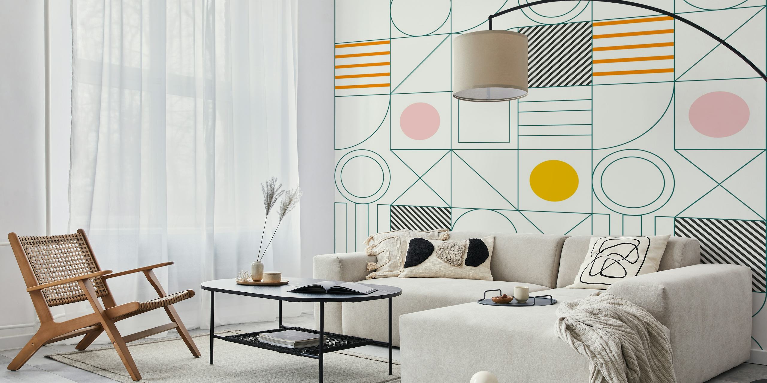 Abstract geometric Bauhaus-style wall mural with pastel colors and spring-like vibe