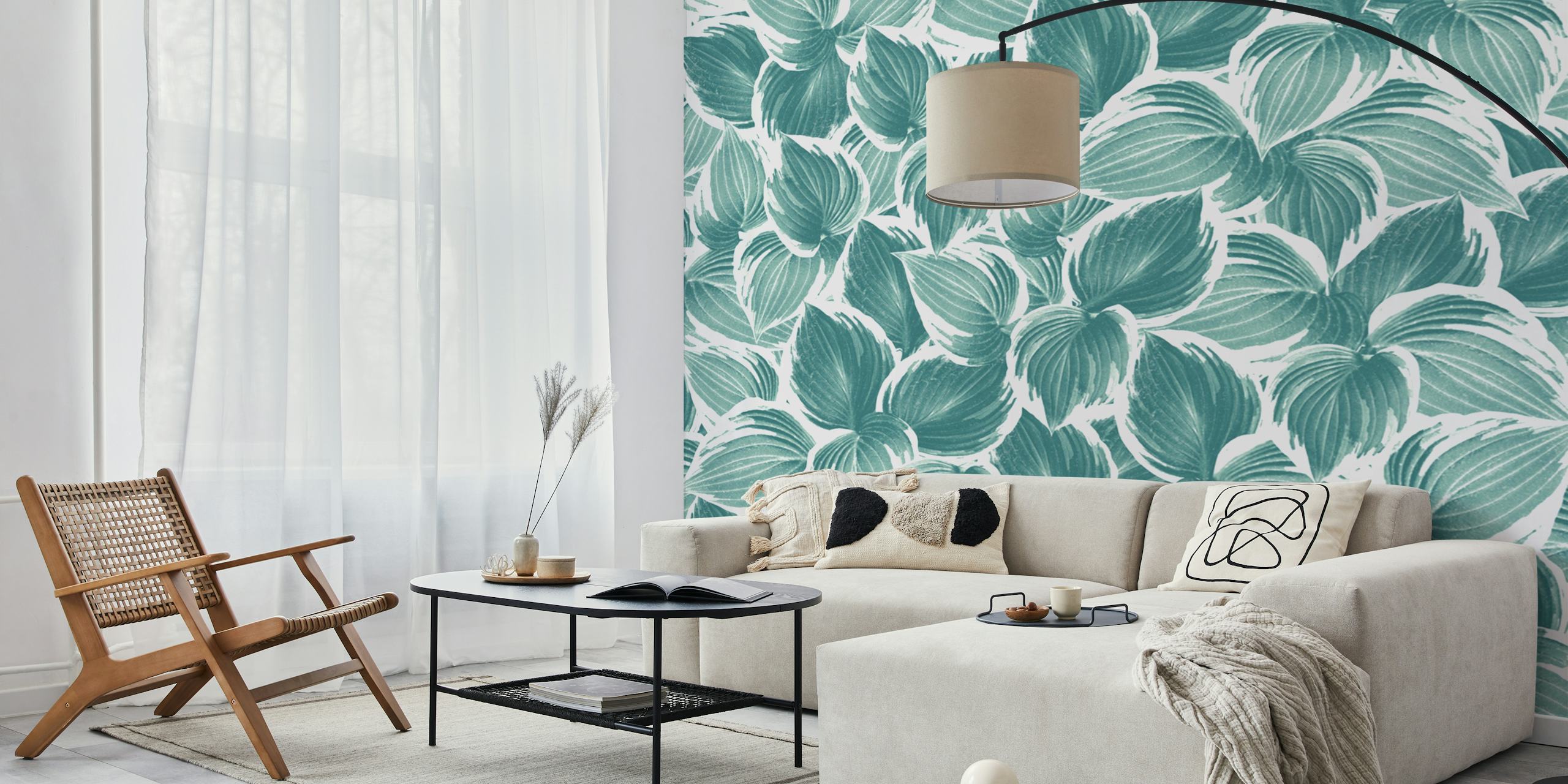 Botanical teal leaves pattern on a white background wall mural