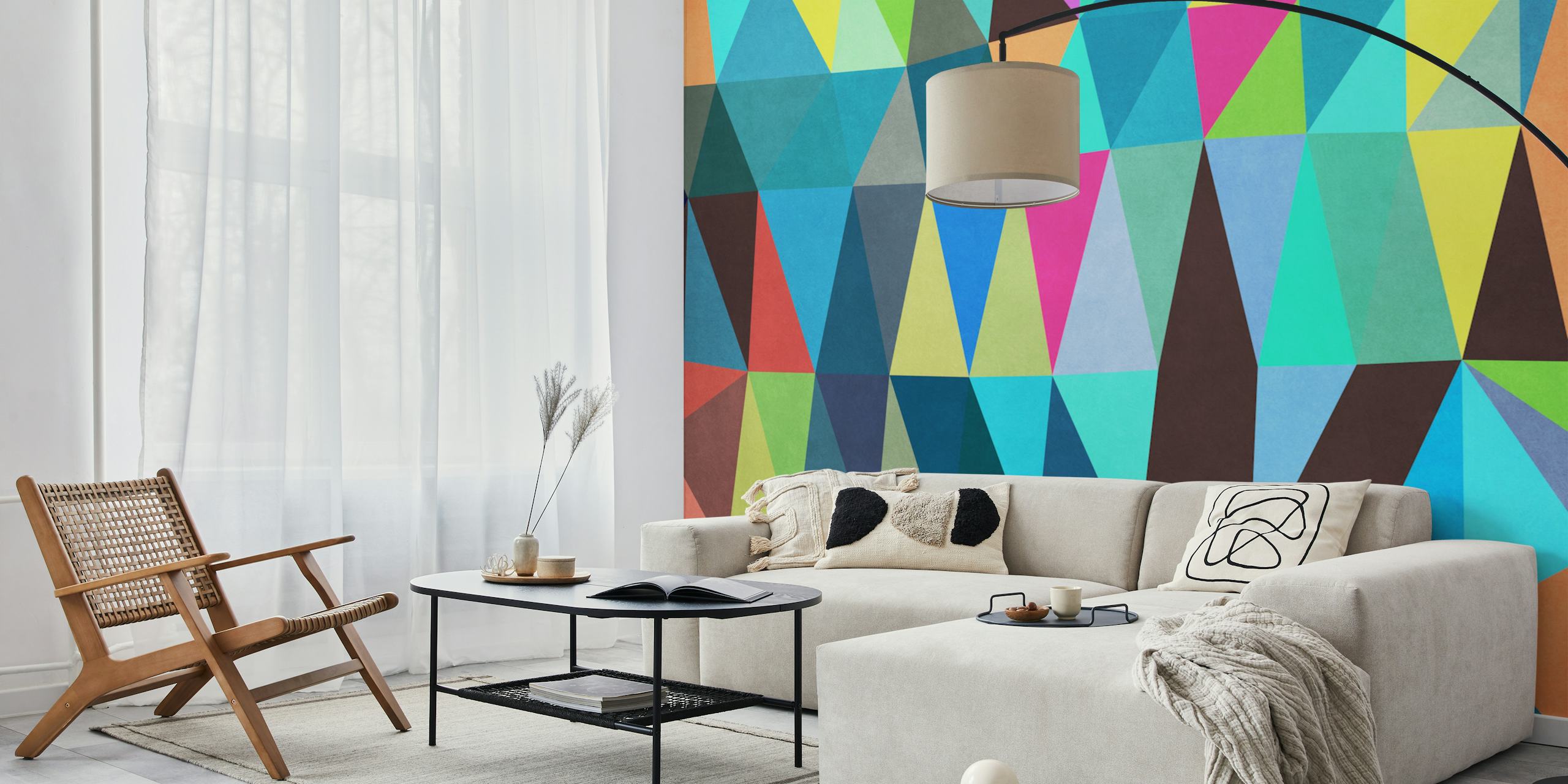 Abstract geometric wallpaper design in a room