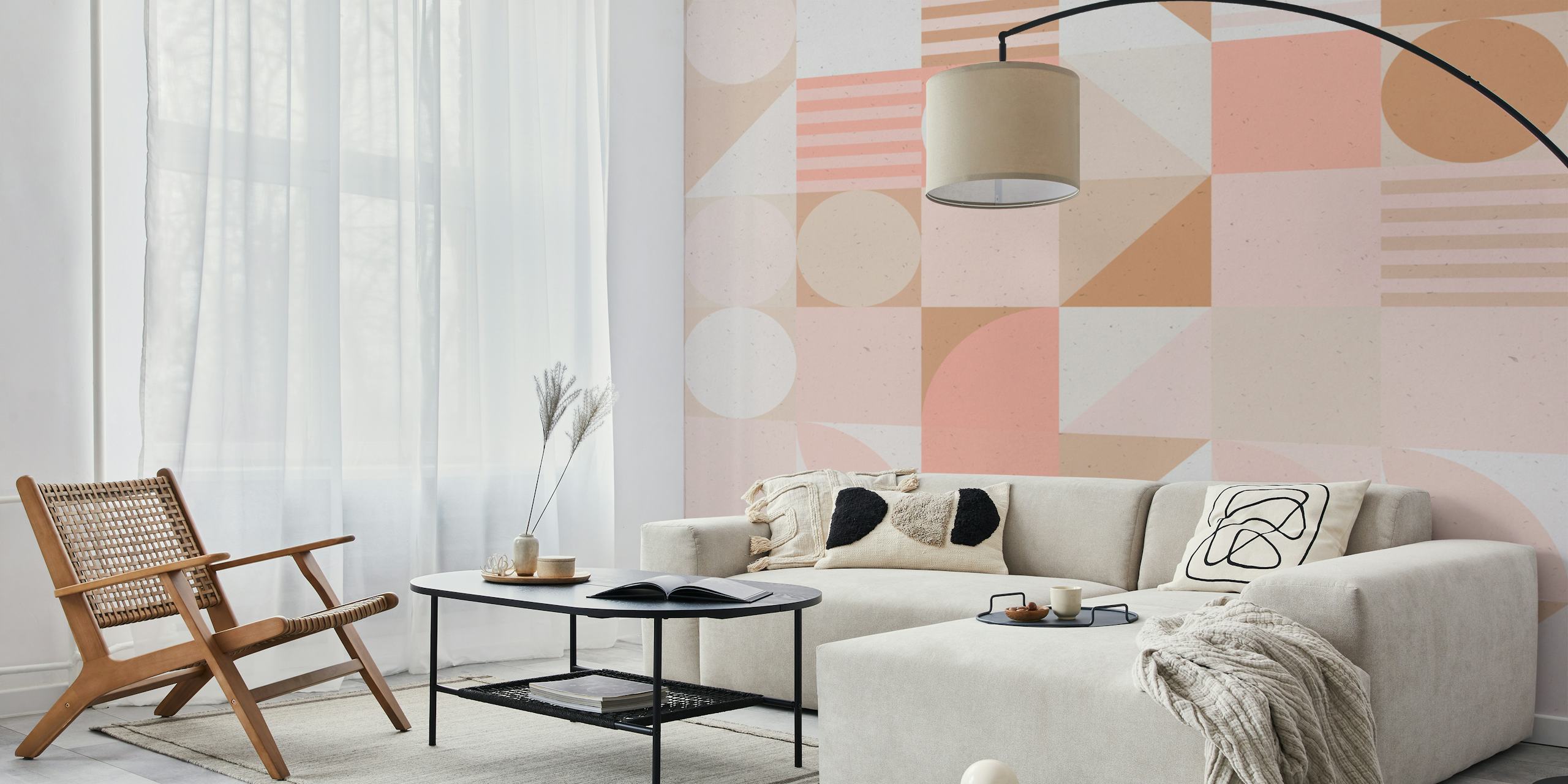 Geometric pink and beige patterns with circles and squares wallpaper